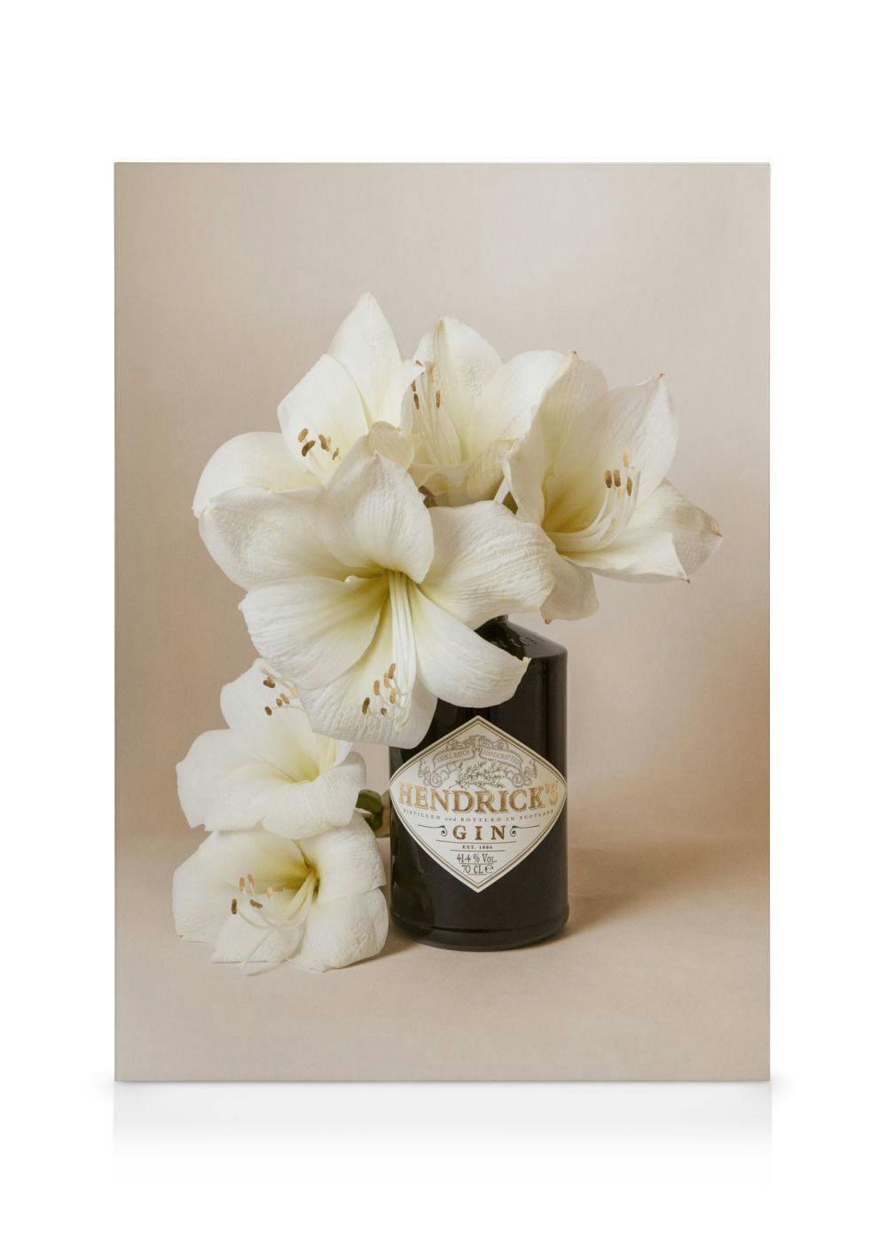 Hendricks Gin bottle filled with elegant white and yellow flowers on a canvas print.