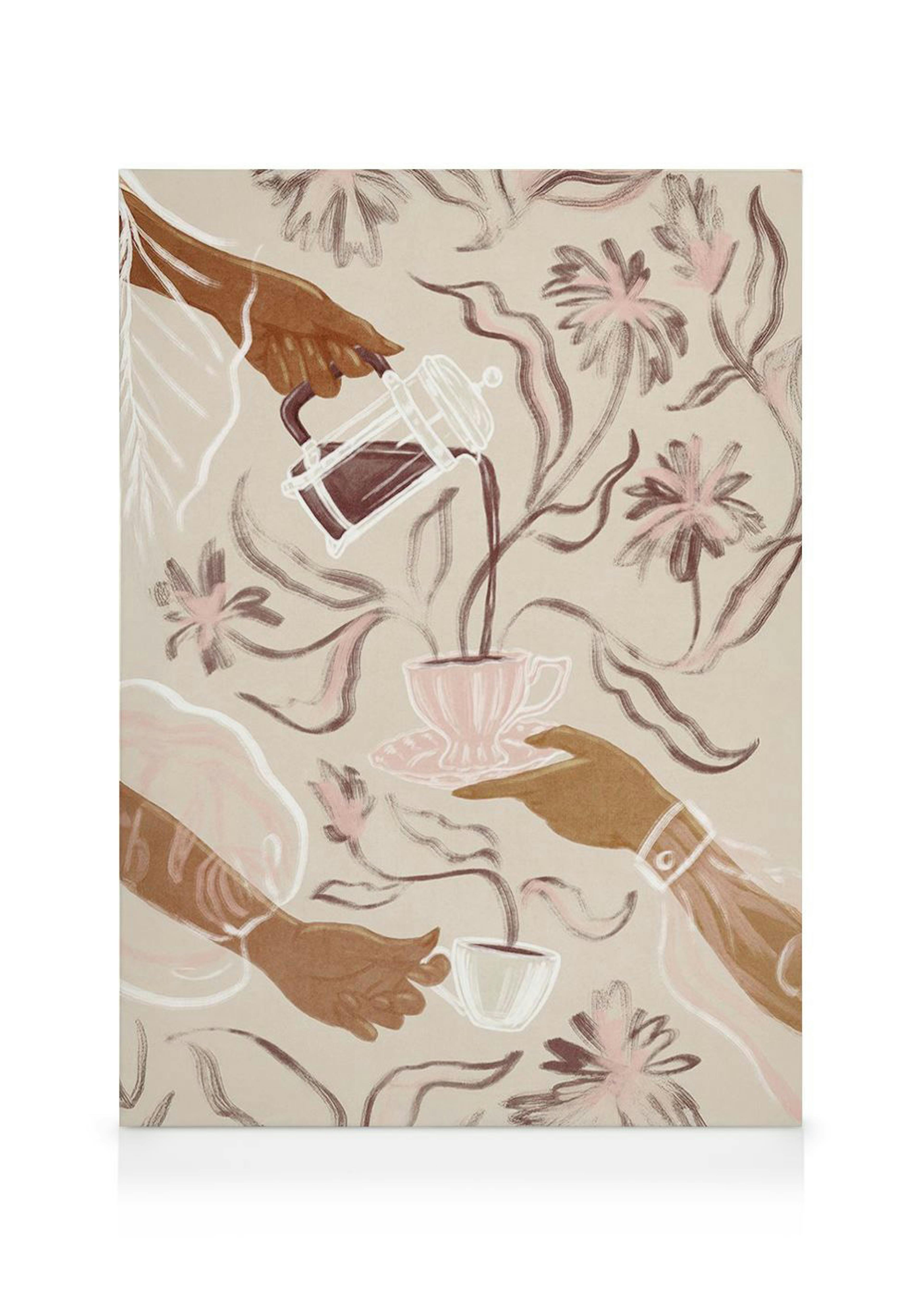 Leinwandbild mit einer stilisierten Illustration, die Hände beim Kaffeekochen und Teetrinken inmitten floraler Muster zeigt.