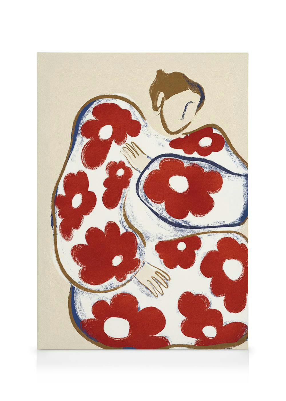 Abstrakti kanvaasi esittää kyyristynyttä ihmishahmoa, jossa on punaisia kukkia valkoisella pohjalla ja sinisiä sekä ruskeita äär