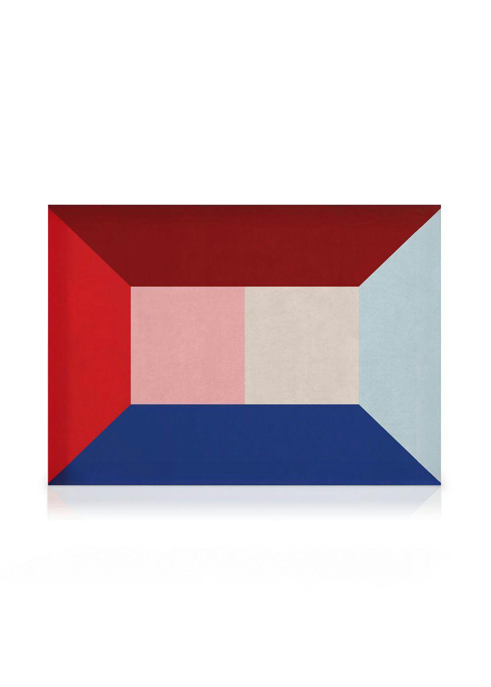 En canvastavla med en abstrakt bild av färgade block i rött, rosa, beige, blått och ljusblått.