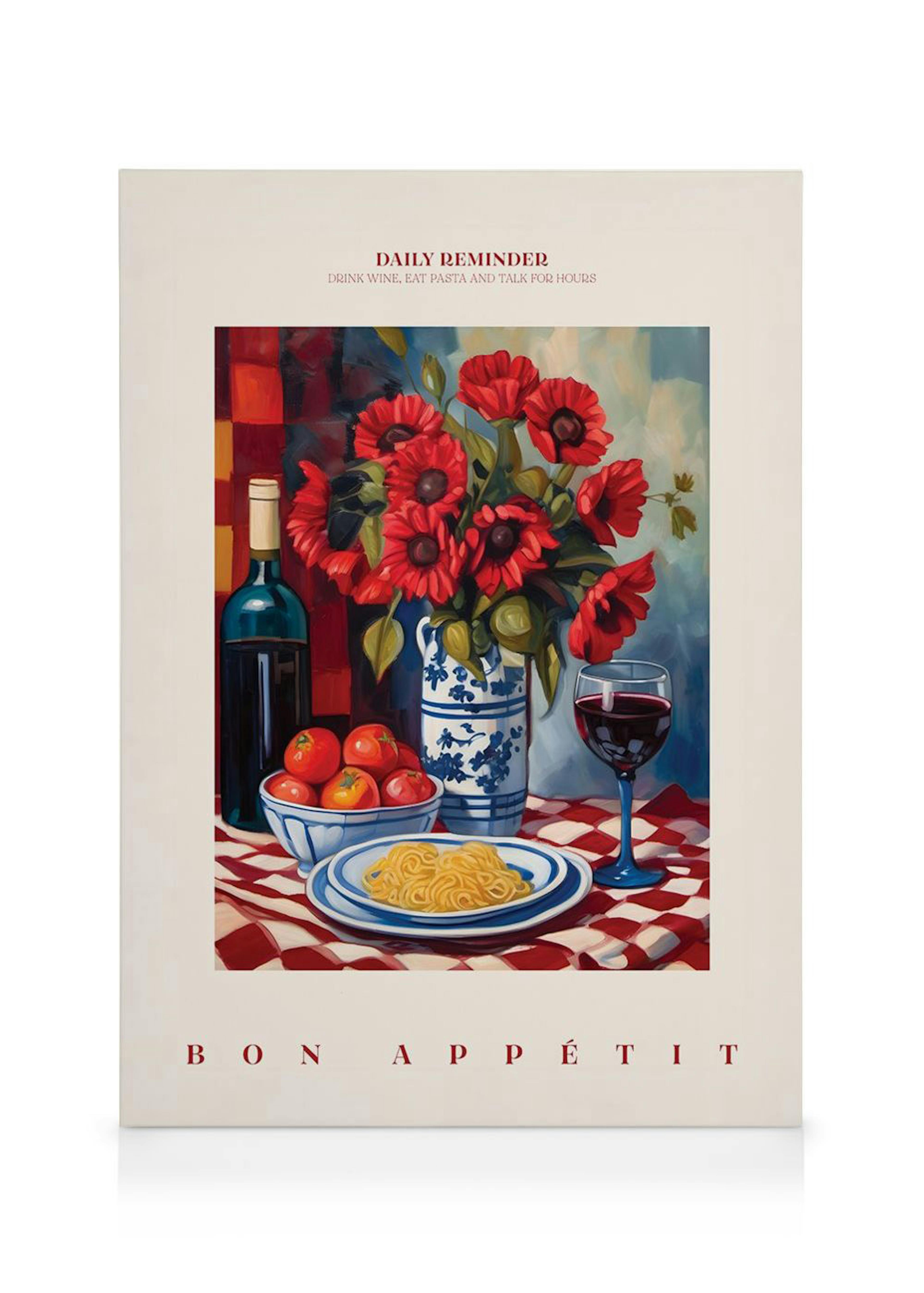 Toile Bon Appétit avec une scène de table italienne : vin, pâtes, tomates et un bouquet de fleurs rouges sur une nappe à carreau