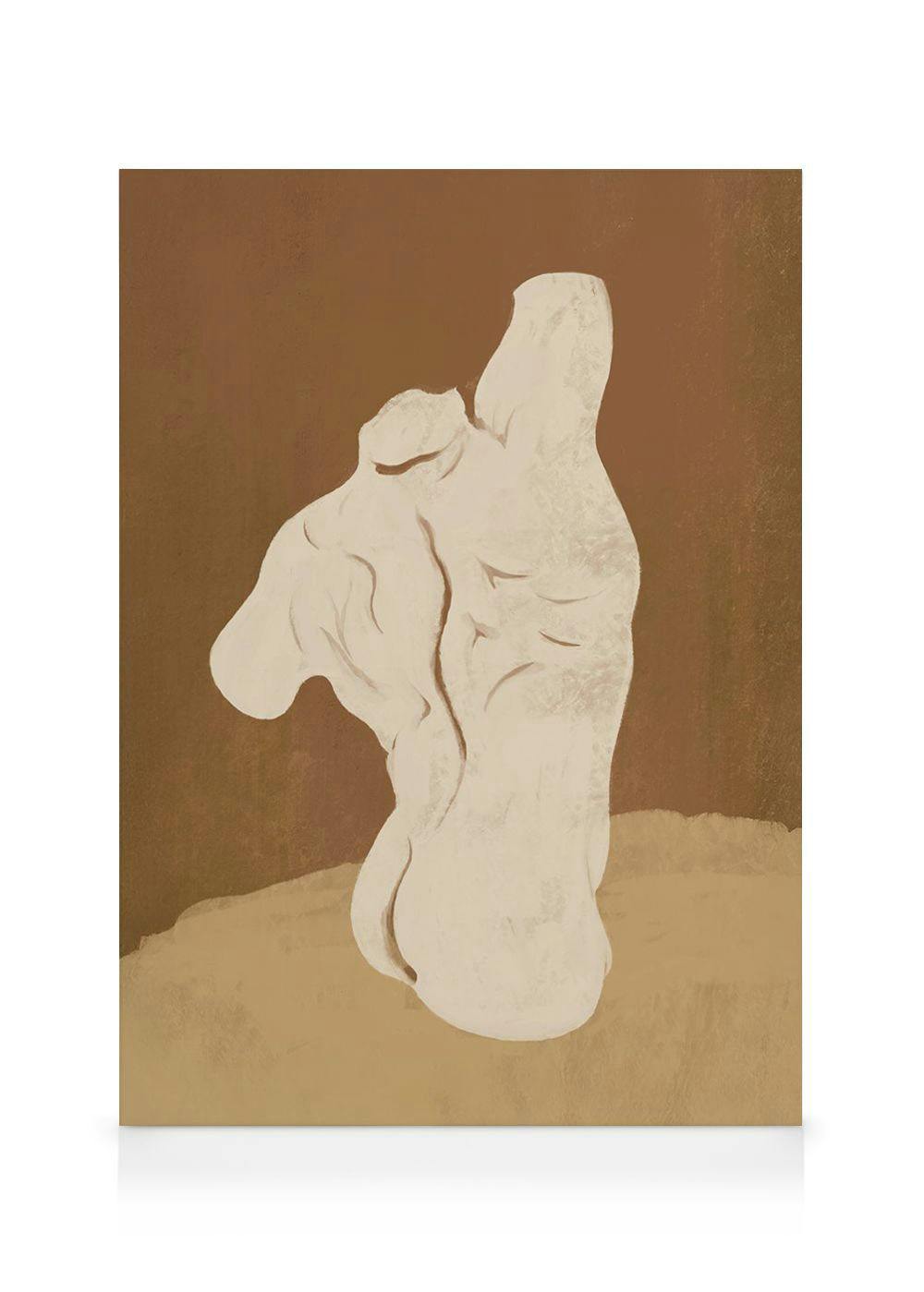 Toile dun torse de statue antique blanc cassé sur fond marron clair et foncé, avec une base ocre.