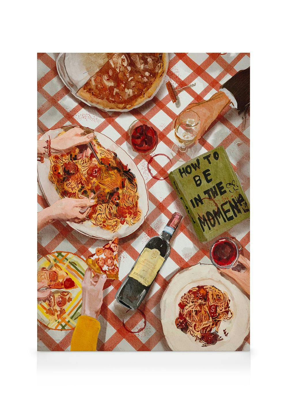 A lively canvas print depicting an Italian dinner scene with hands serving pasta, pizza, wine, and a book on a red checkered tab
