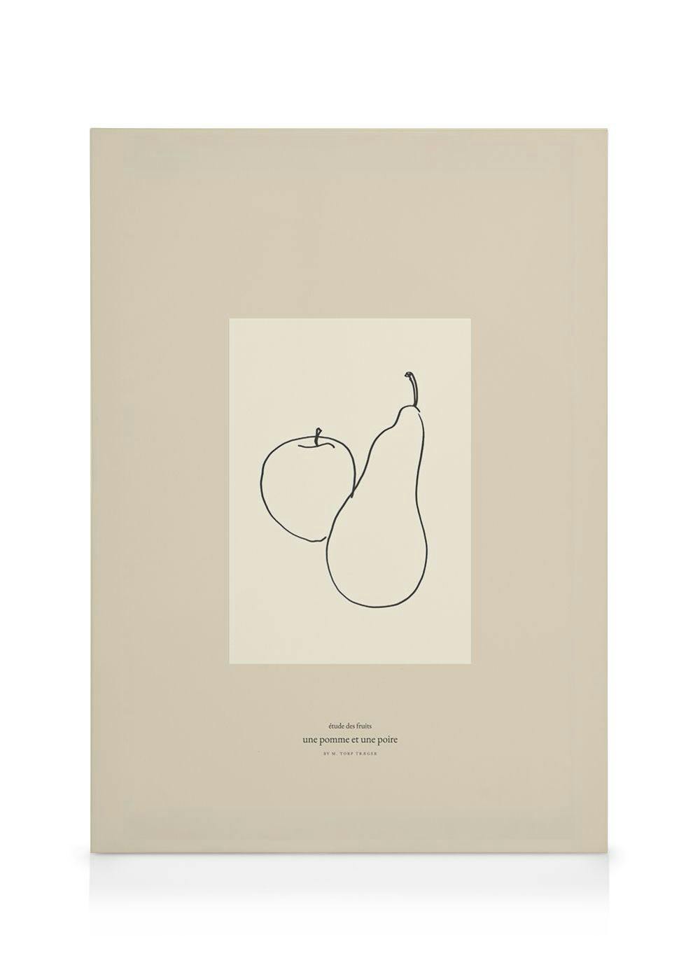 Et lærred med en minimalistisk tegning af et æble og en pære i sort streg på en lys baggrund.