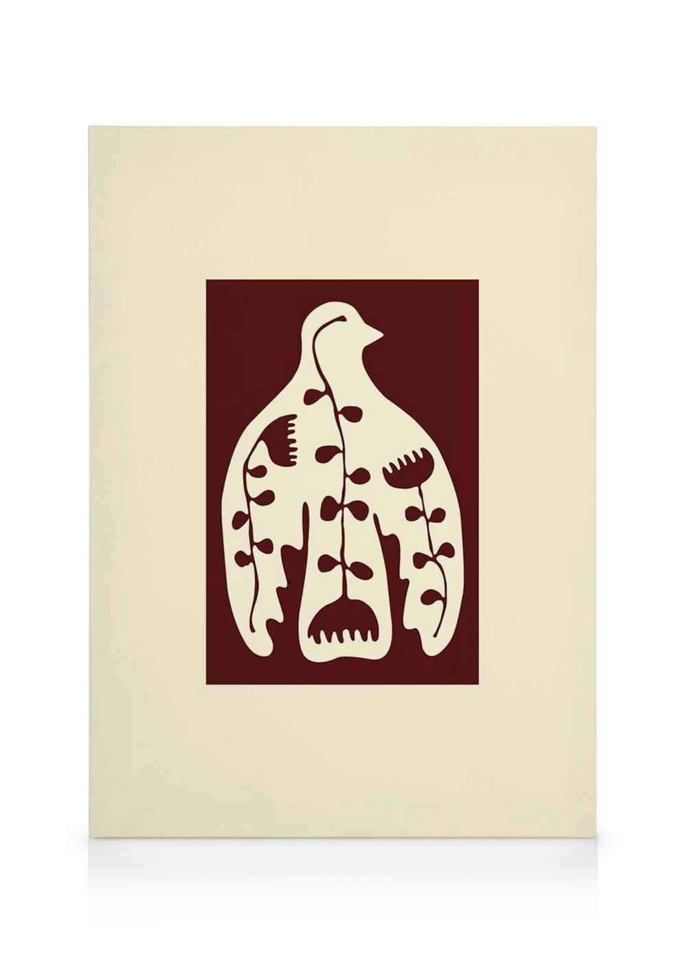 A canvas print featuring a bird outline in cream, filled with organic plant and flower shapes on a deep red background.