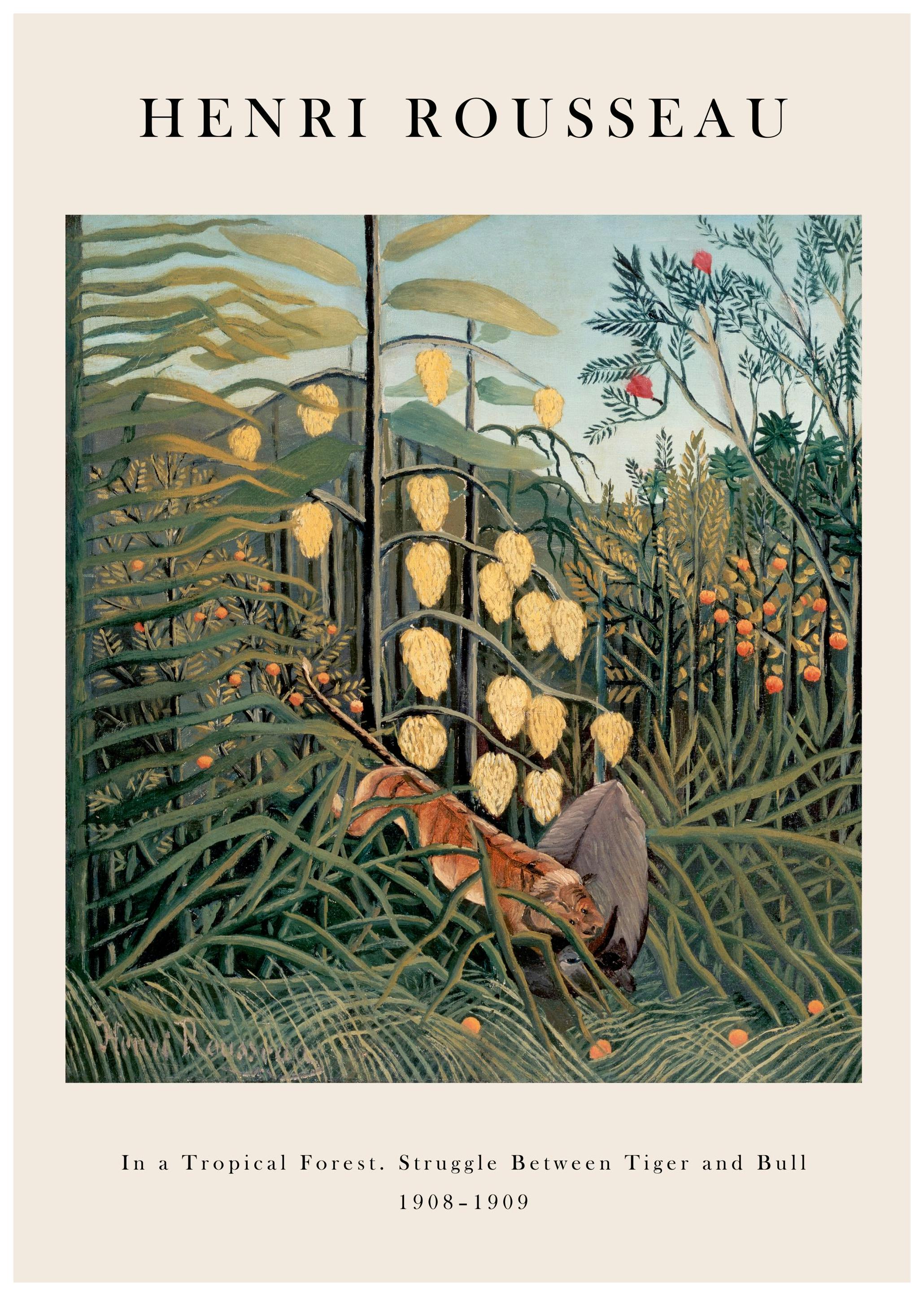 Rousseau - In a Tropical Forest. Struggle Between Tiger and Bull Plakat (50x70 cm) - Plakater > Malerier fra kjente kunstnere > Rousseau Plakat