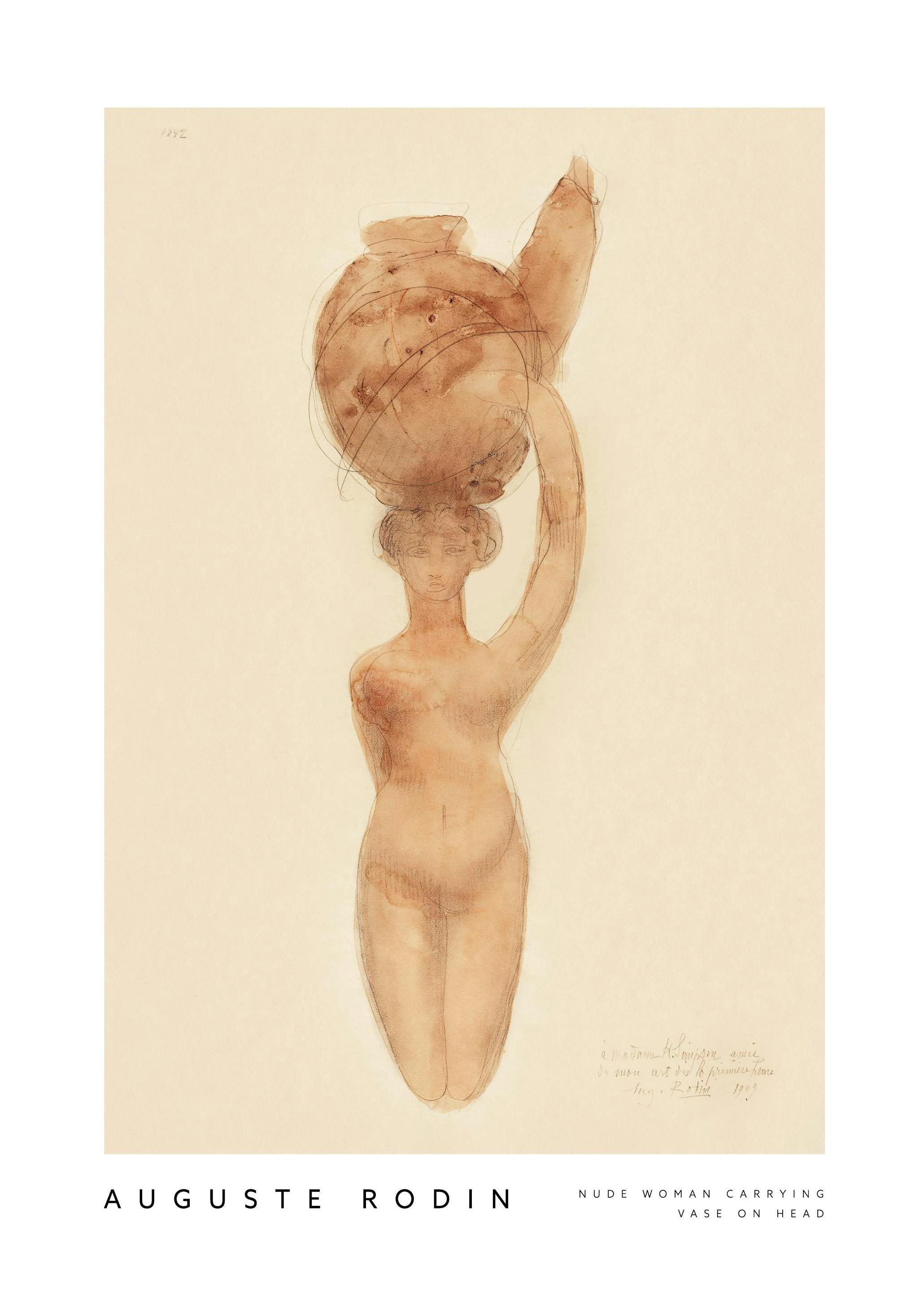 Auguste Rodin - Nude Woman Carrying Vase on Head Poster (21x30 cm) - Schilderijen van beroemde schilders