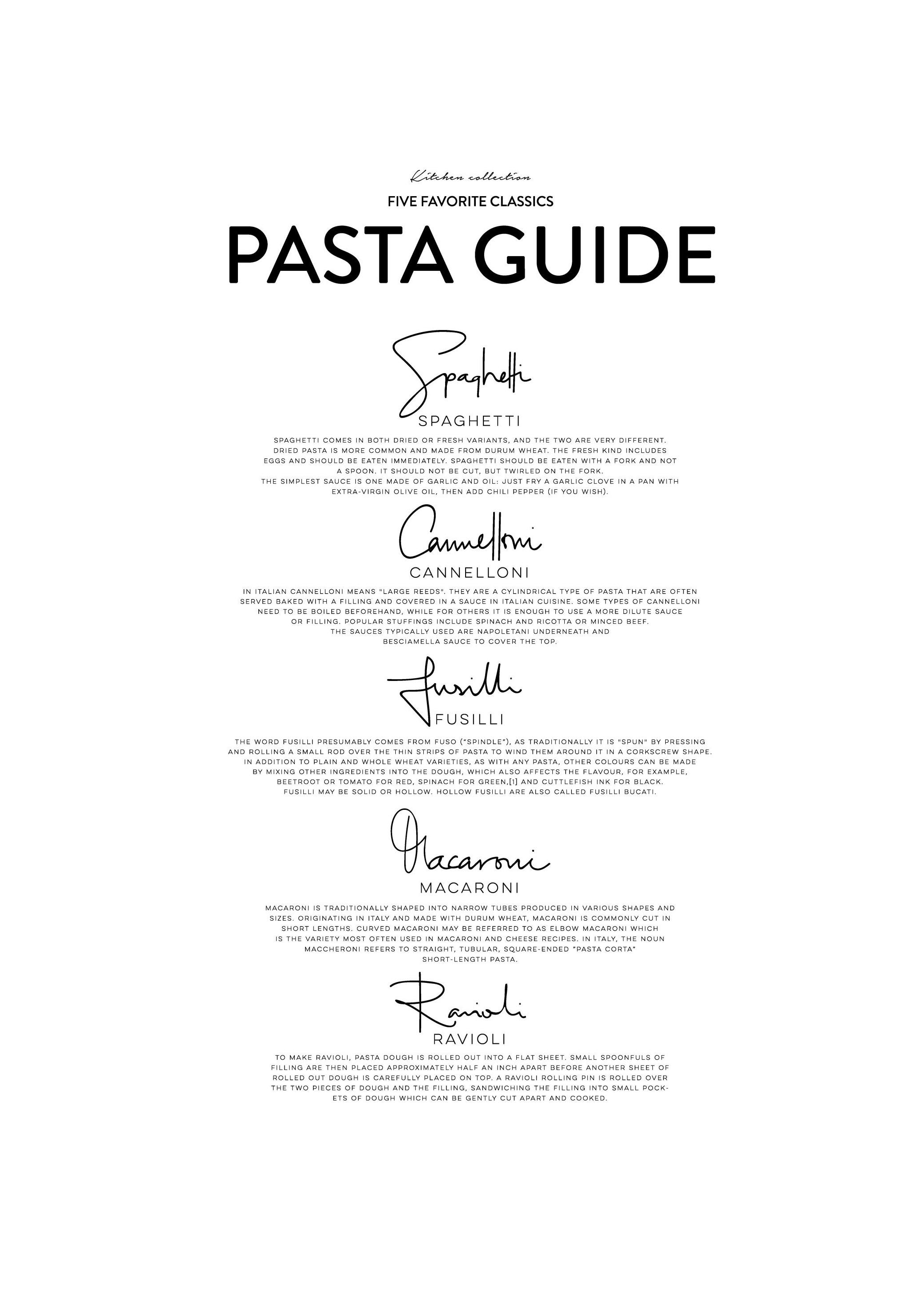 Five Pasta Classics Poster (50x70 cm) - Posters met tekst