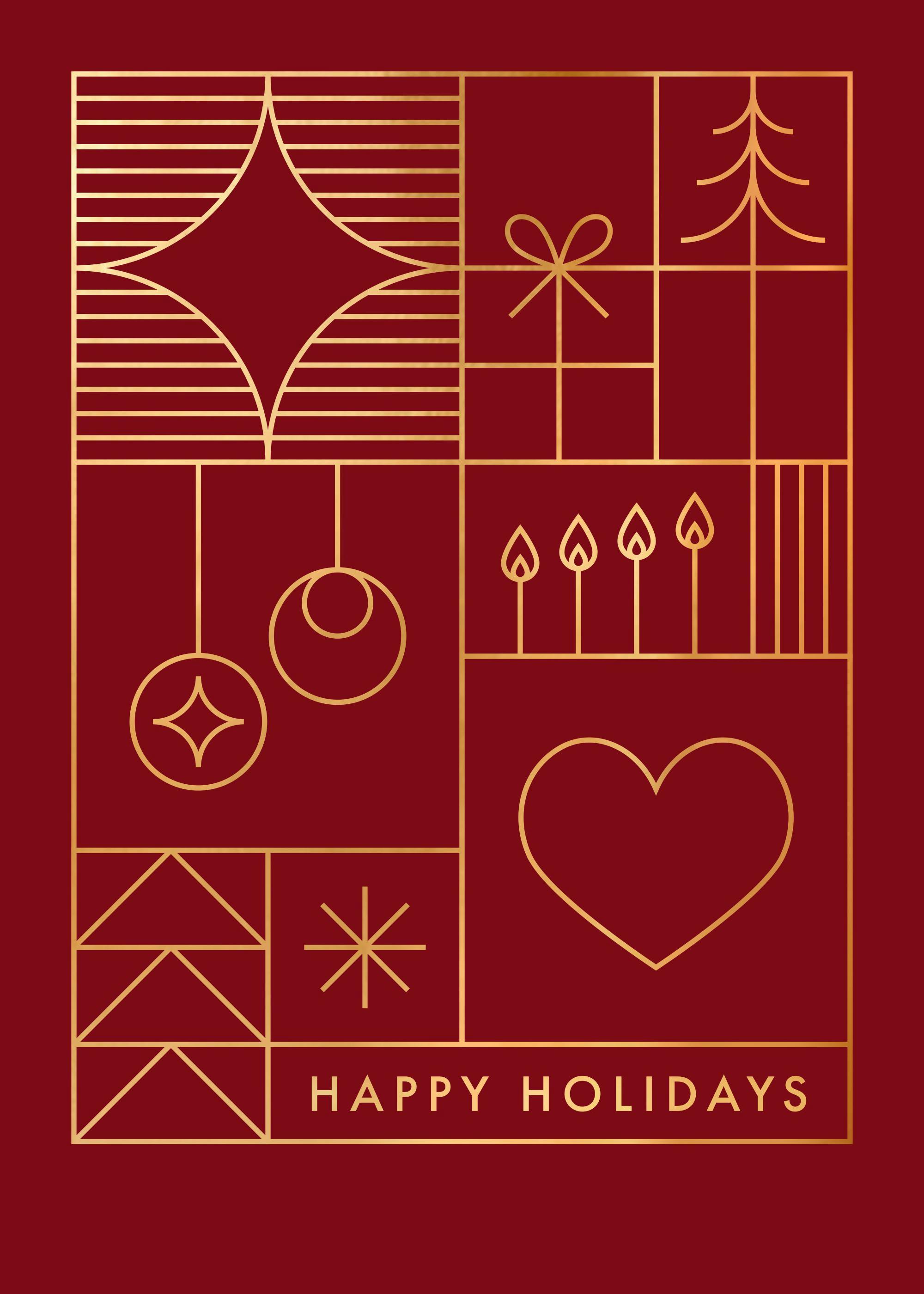 Gold foil Christmas graphic print on red, featuring star, gift, tree, heart, candles, and Happy Holidays text.
