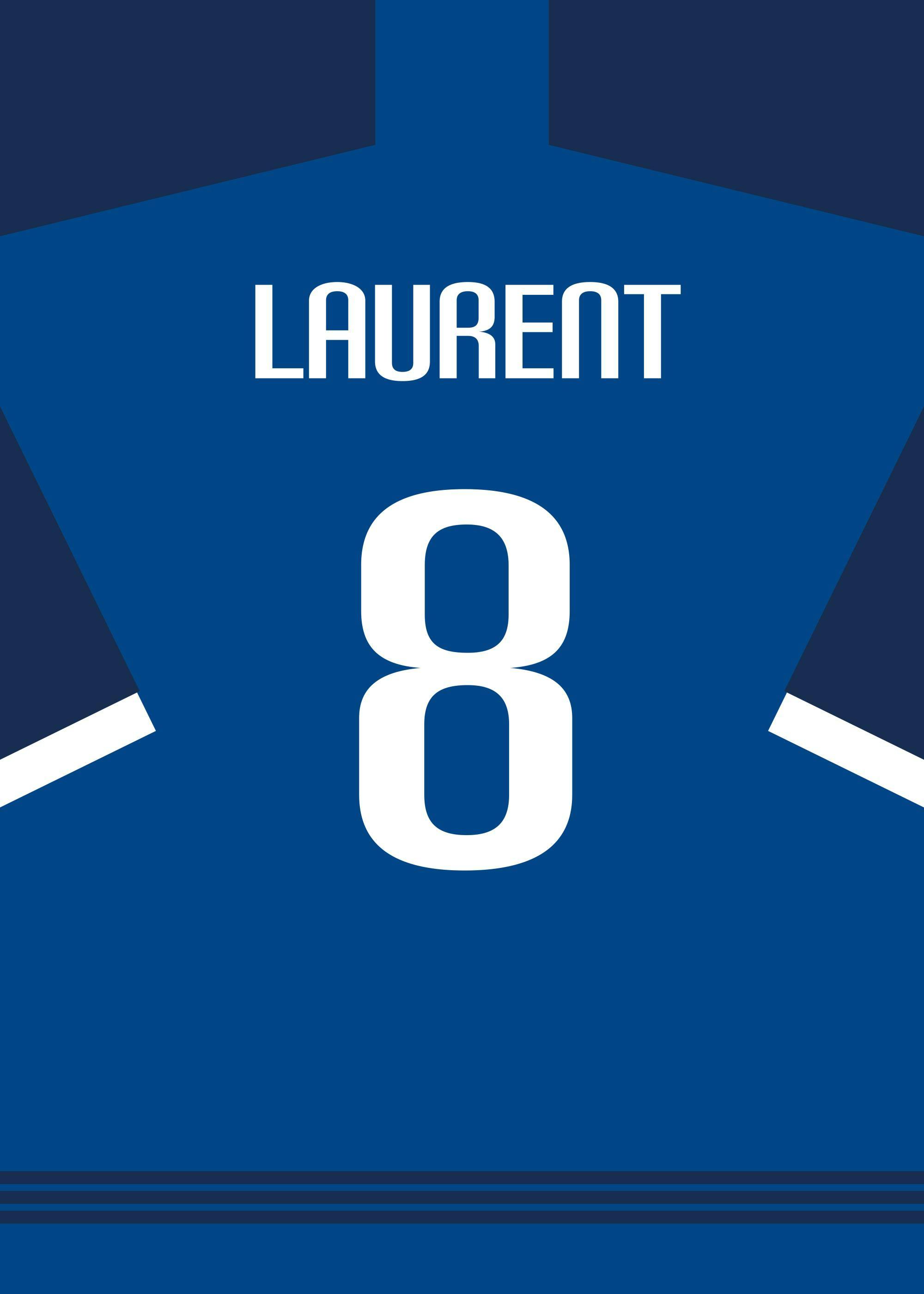 Personalised blue football shirt print, number 8, with YOUR NAME text, ideal for sports fans.