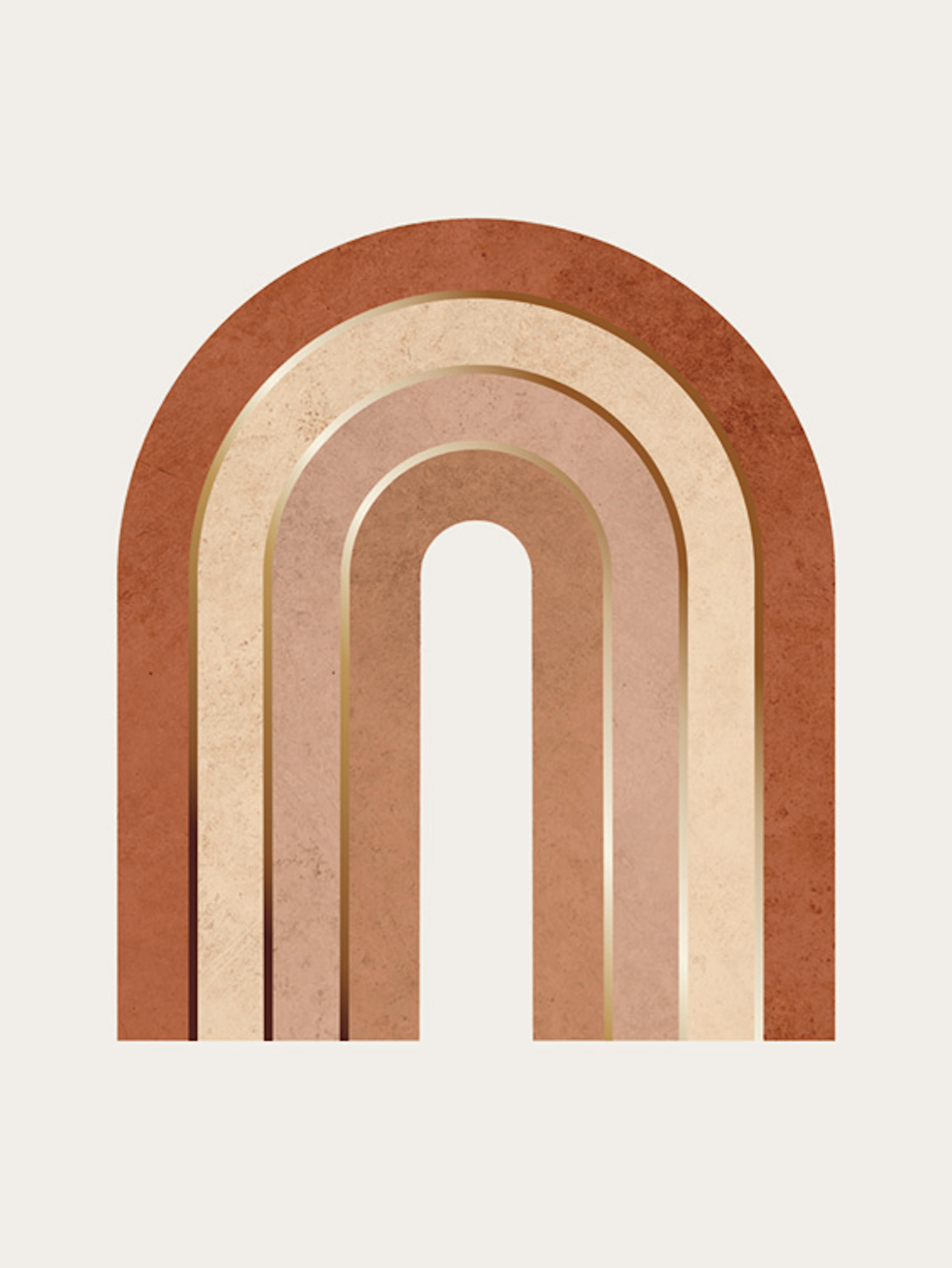 Grafische illustratie van een regenboog in rood en beige tinten met gouden lijnen, een stijlvolle poster.