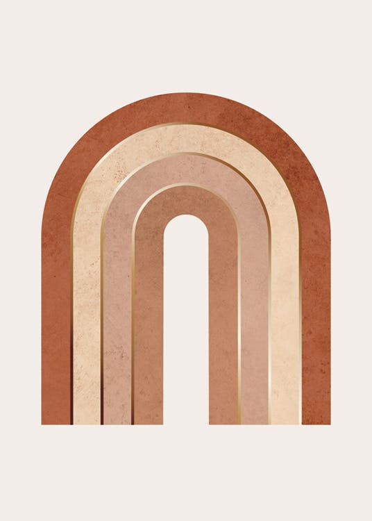 Póster Golden Rainbow com arco-íris gráfico em tons de vermelho, bege, rosa e linhas douradas, estilo moderno.