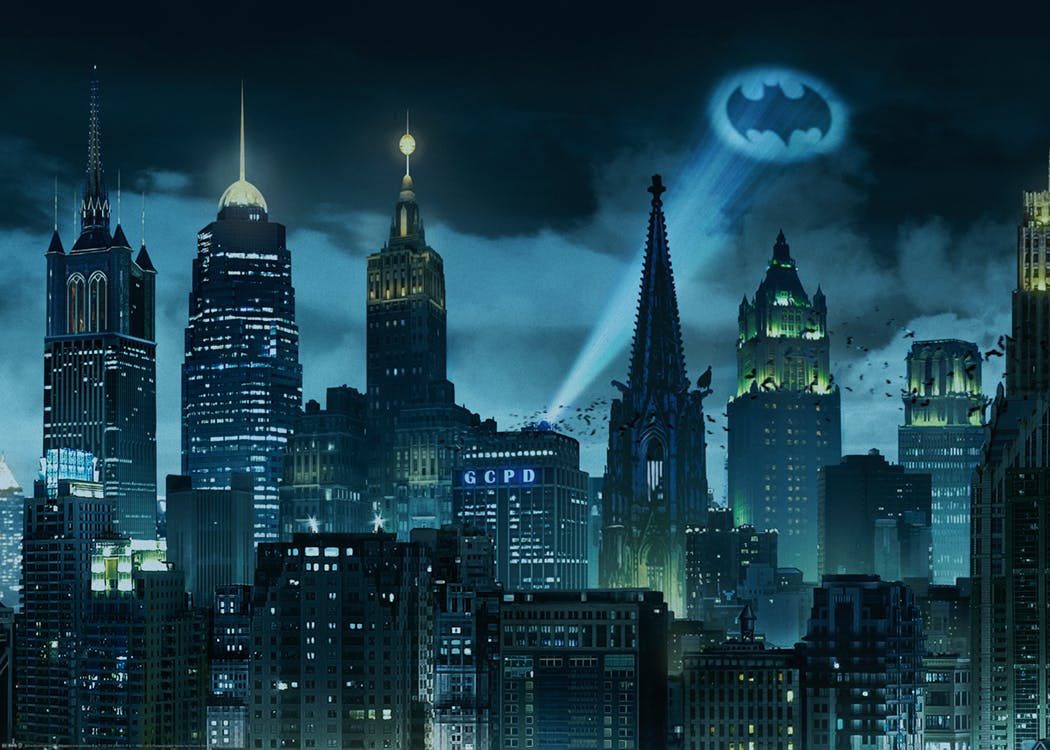 Batman Gotham City Skyline print with Bat-signal shining in the dark sky, showcasing tall buildings and the GCPD.