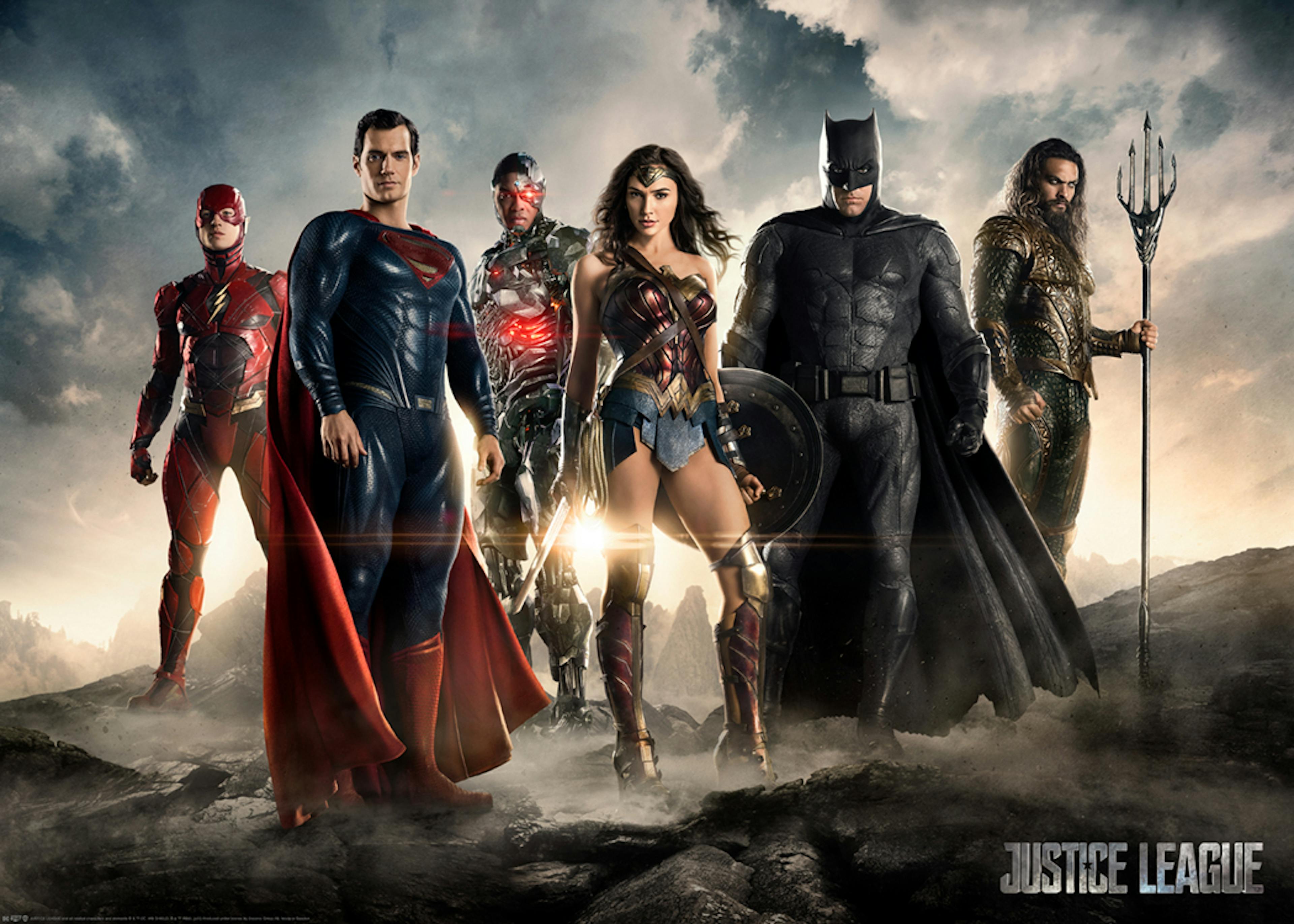 Justice League-groepsposter met Superman, Aquaman, Wonder Woman, Flash, Batman, Cyborg in actiepose.