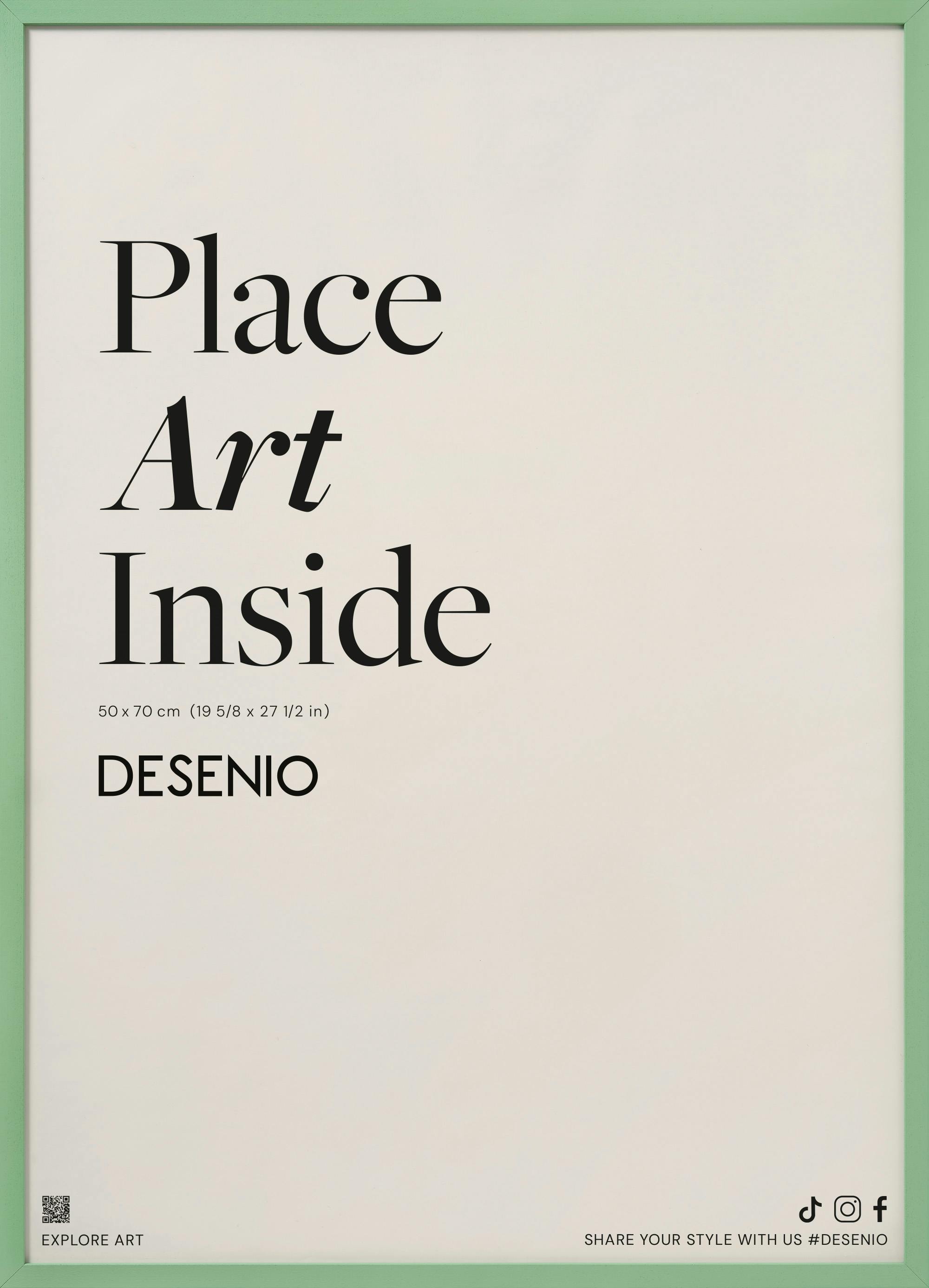 Een poster met de tekst Place Art Inside in zwarte letters op een lichte achtergrond, omlijst door een mintgroene rand.