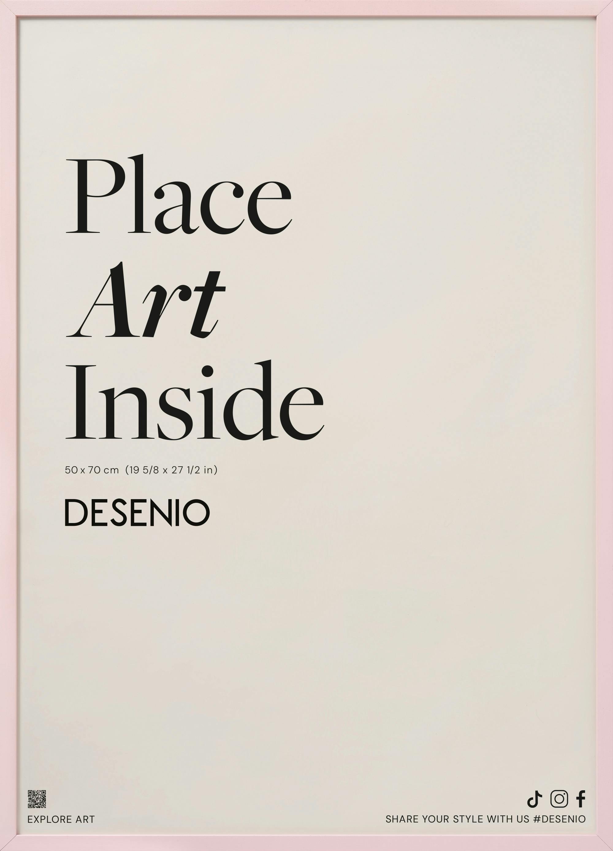 Een poster met de tekst Place Art Inside in zwarte letters op een lichtroze achtergrond, omlijst door een roze rand.