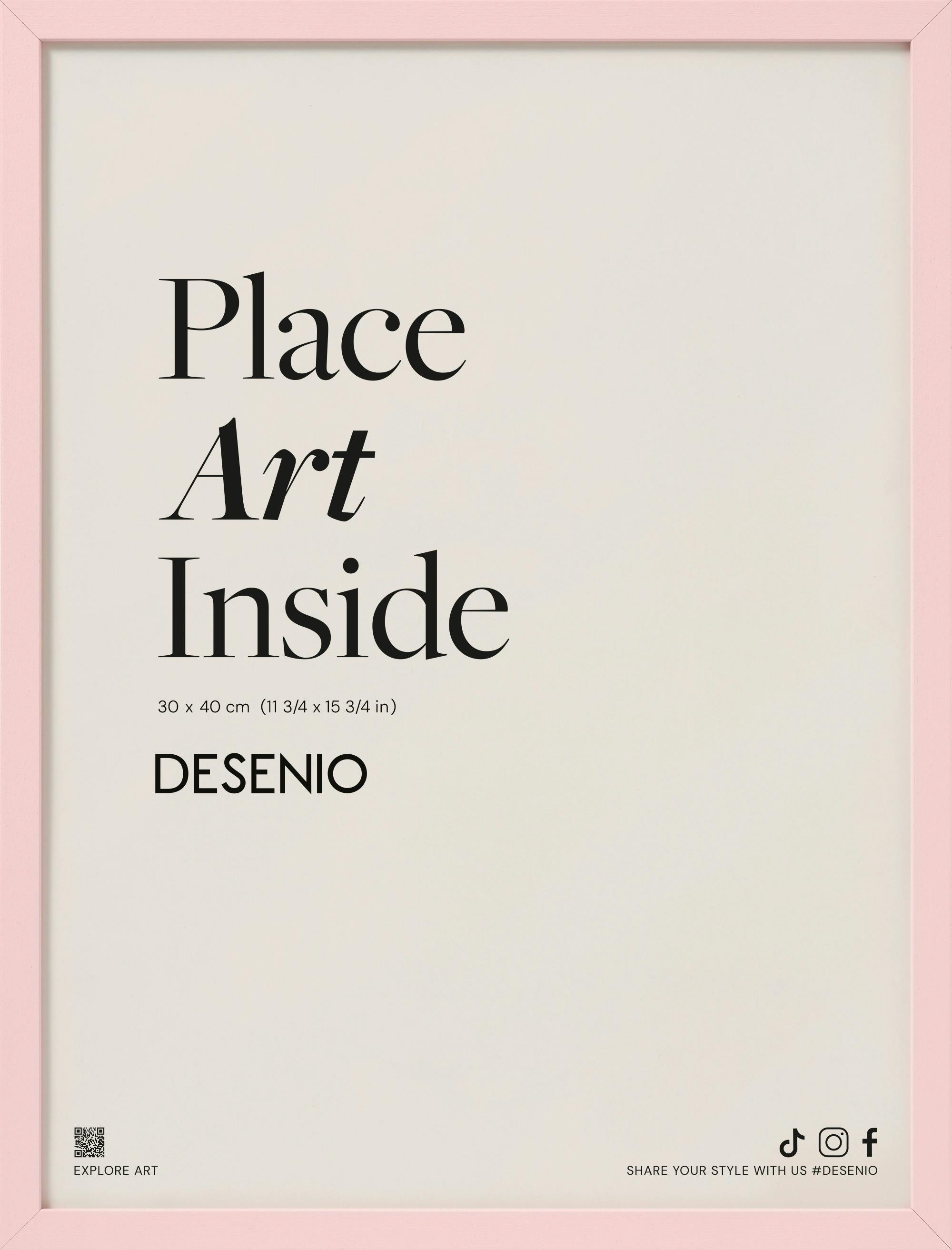 Poster mit dem Text Place Art Inside in schwarzer Schrift auf beigefarbenem Hintergrund, umgeben von einem rosa Rahmen.