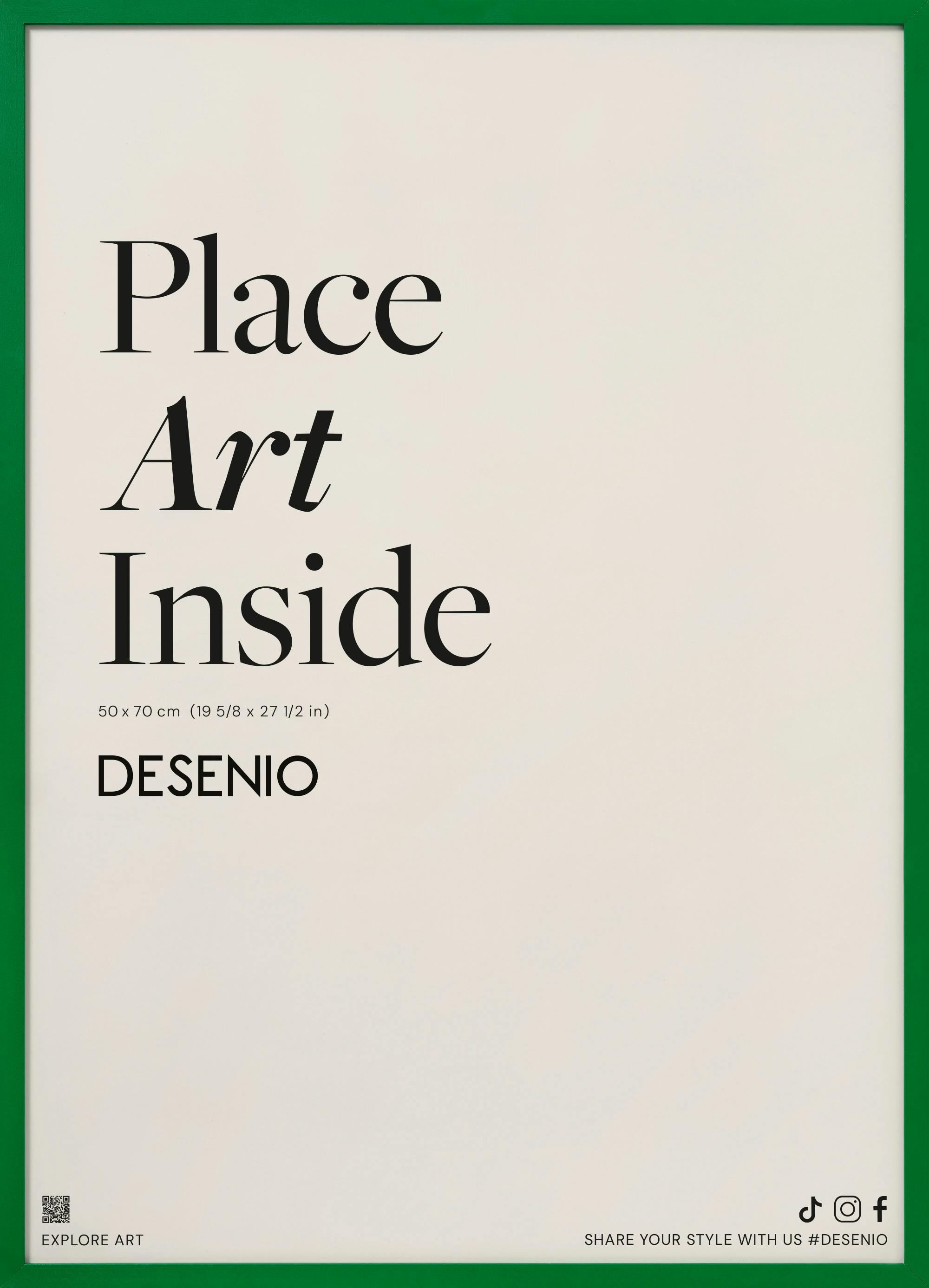 Een poster met de tekst Place Art Inside in zwarte letters op een lichtbeige achtergrond, omringd door een groene rand.