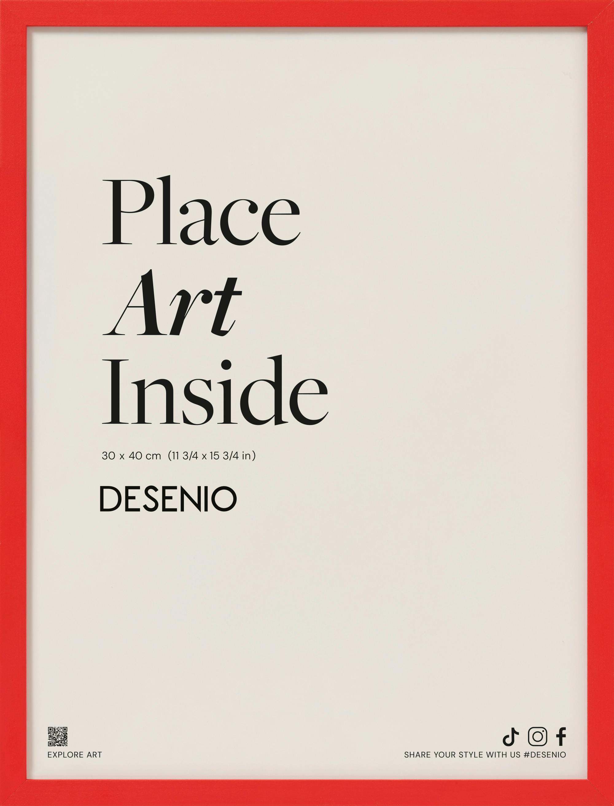 Poster con cornice rossa e scritta nera Place Art Inside con il logo Desenio su uno sfondo beige.
