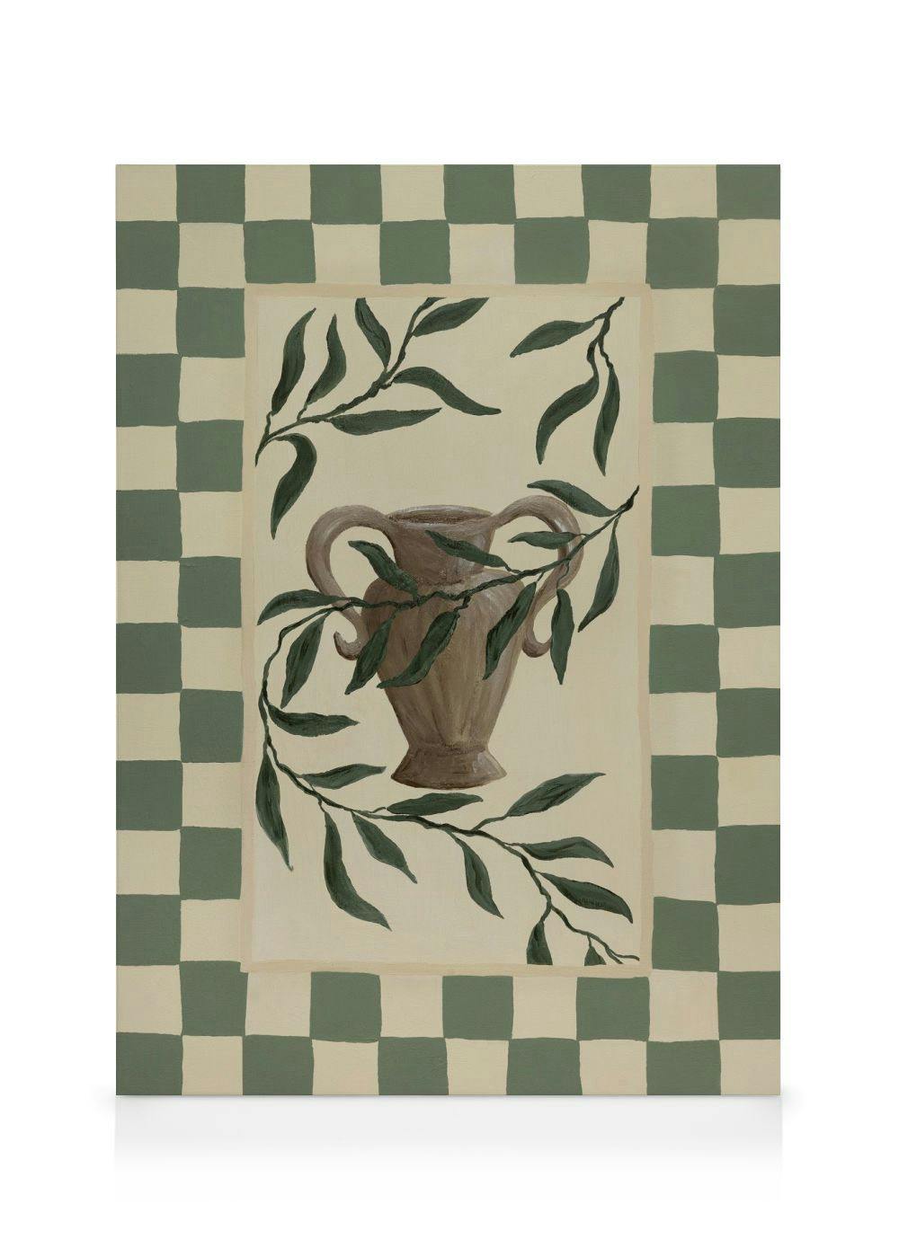 Toile murale décorative avec un vase brun entouré de branches dolivier, sur un fond à carreaux verts et crème.