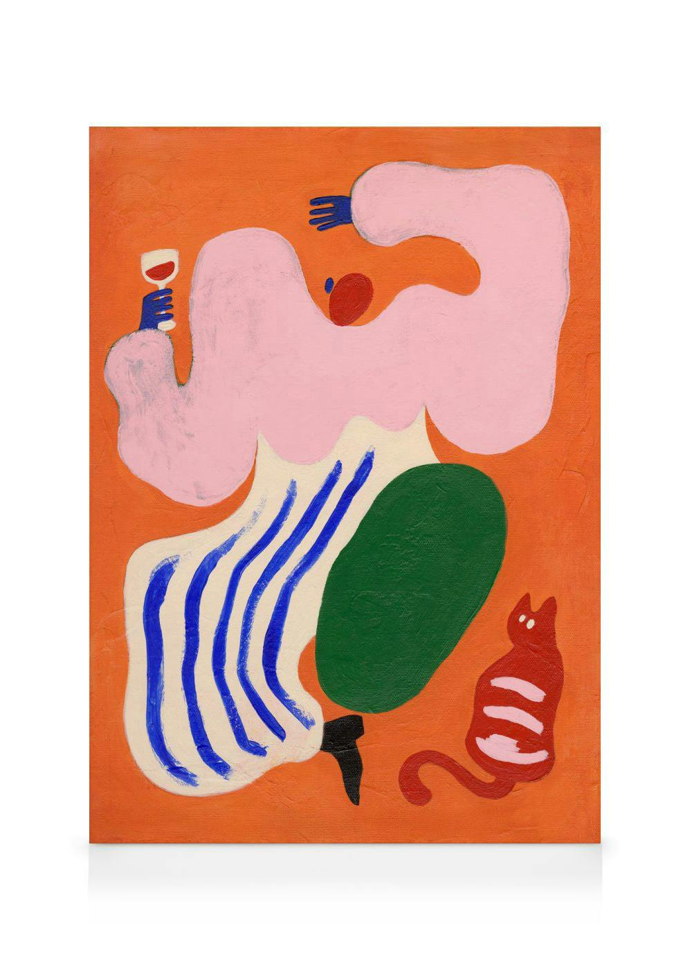 Toile abstraite dune personne rose et blanche tenant un verre avec un chat rouge sur fond orange.
