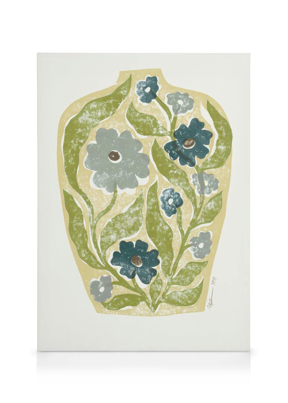 A canvas print featuring a light yellow vase shape filled with blue and green textured floral patterns.