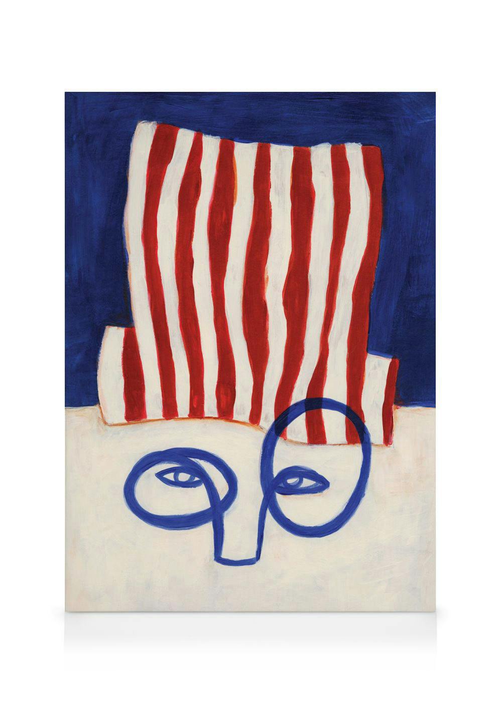 Tela decorativa com chapéu de cilindro às riscas vermelhas e brancas sobre fundo azul, e um rosto abstrato de linhas azuis.