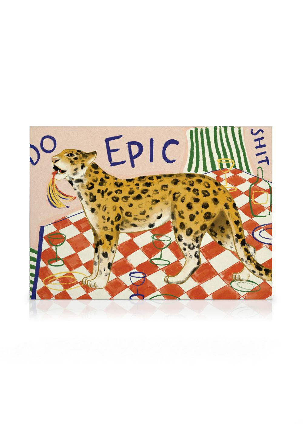 A canvas print featuring a leopard on a red and white checkered tablecloth with scattered glasses and plates, and DO EPIC SHIT t