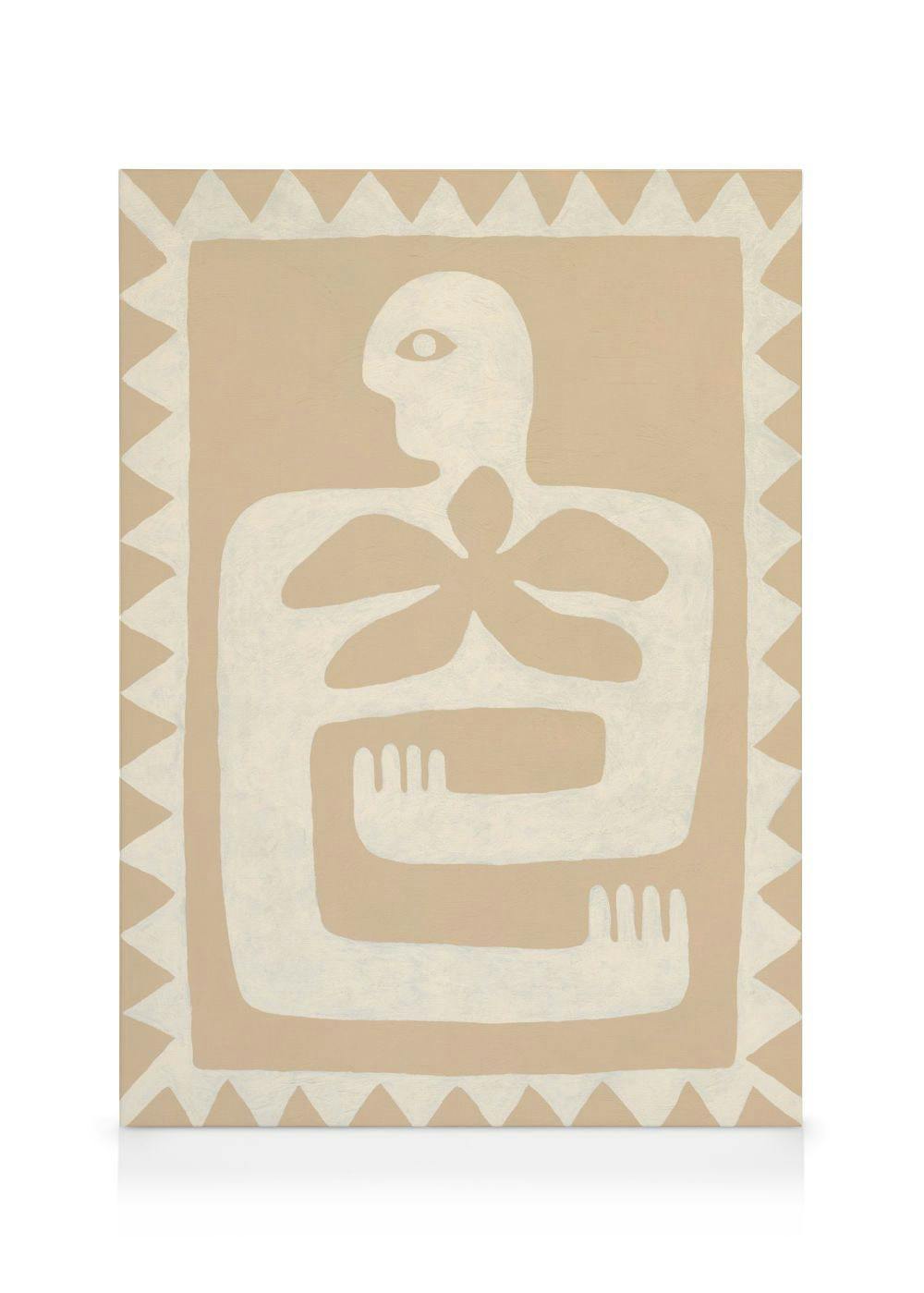 Lærred med en stiliseret hvid figur med et øje og blomsterlignende bryst i en beige ramme med takkede kanter.