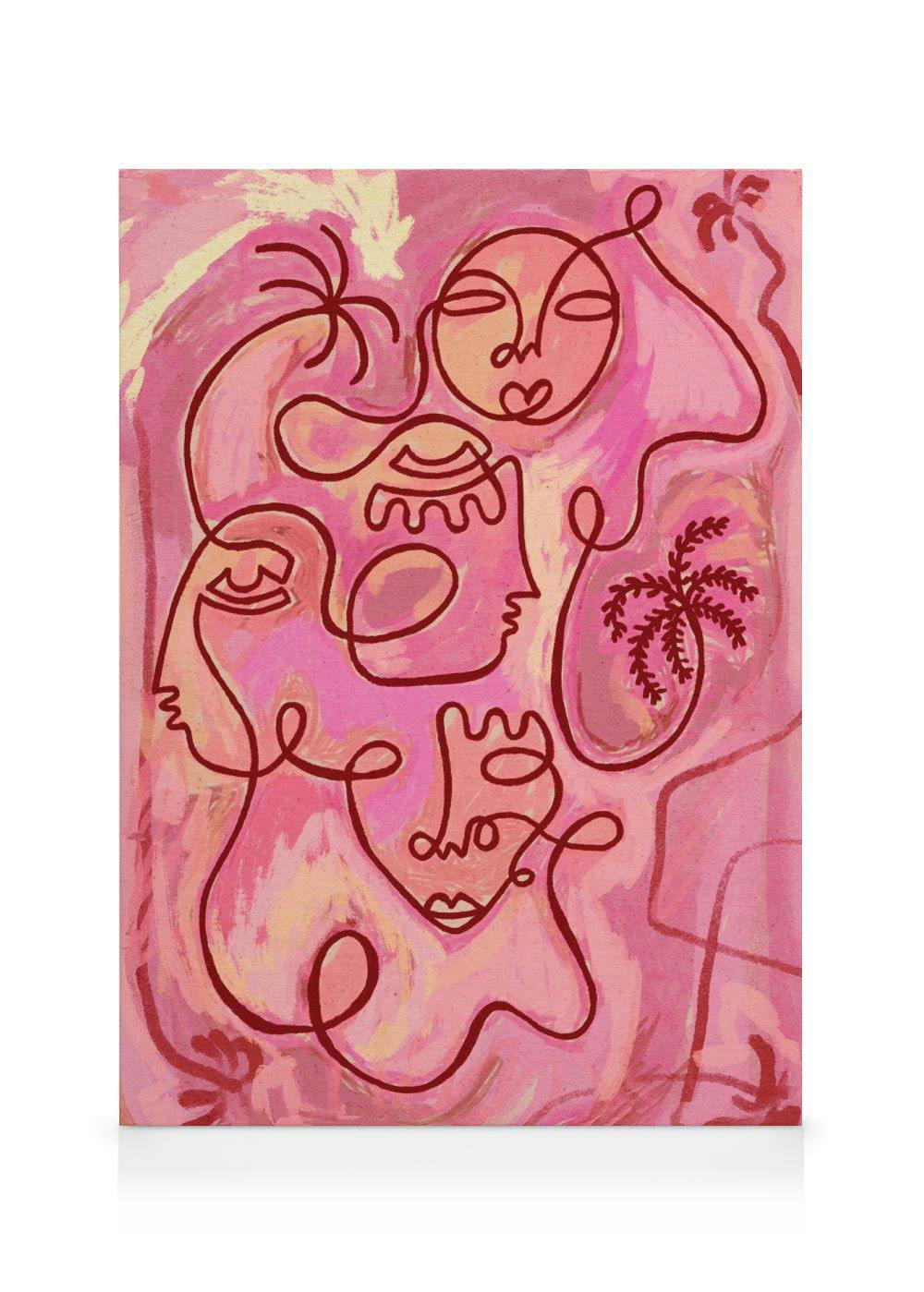 A canvas print featuring abstract line art faces in deep pink on a lighter pink and cream background.