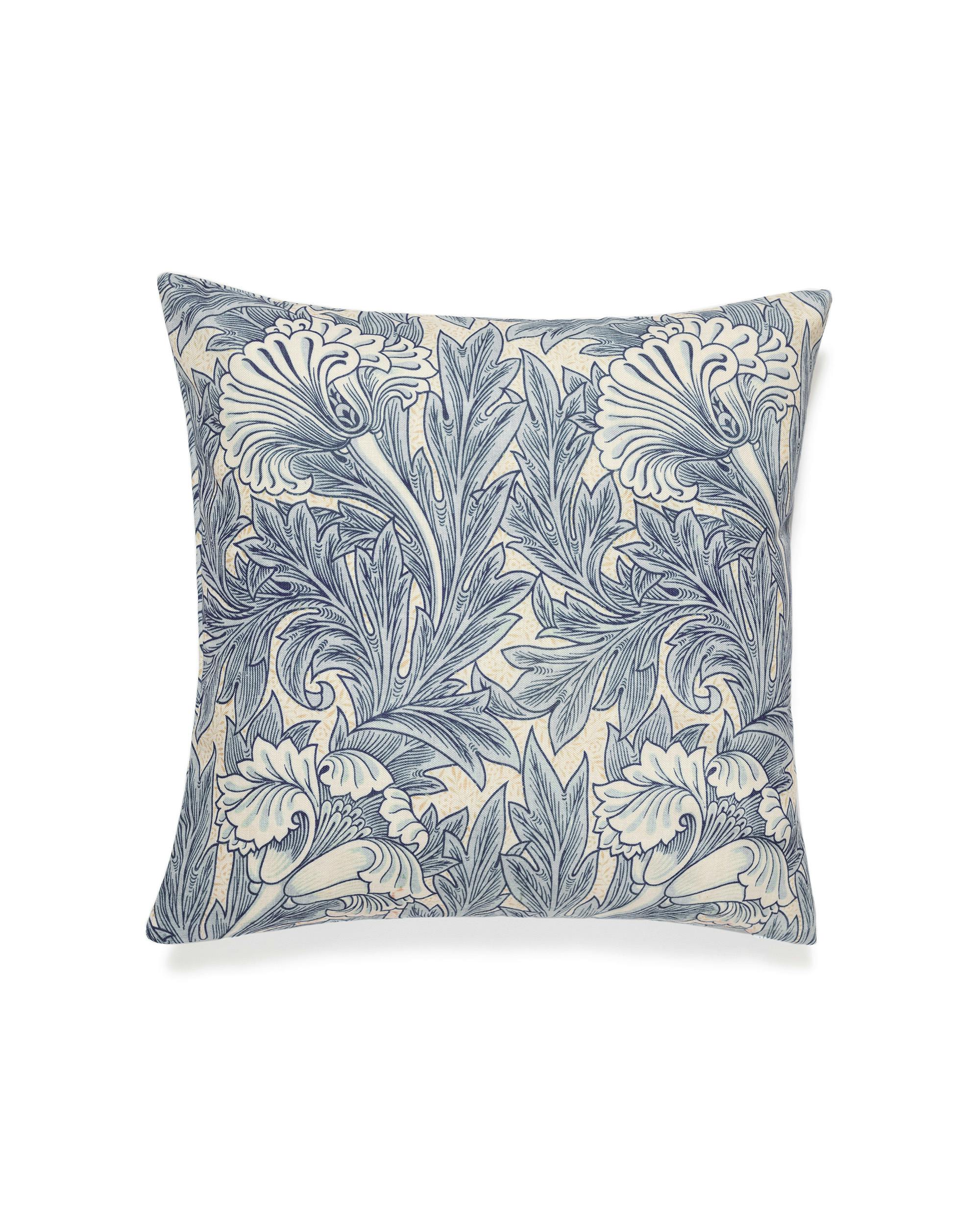 William Morris Tulip Blue cushion cover, featuring a detailed botanical pattern of white and blue tulips and leaves.