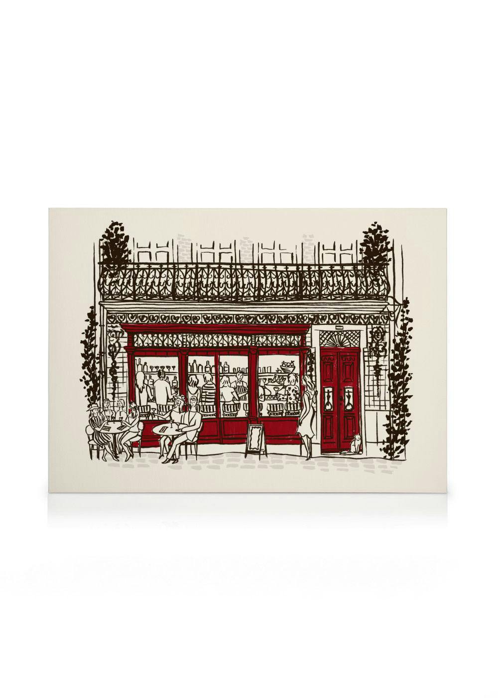 Ein Leinwandbild mit einer minimalistischen Skizze eines belebten roten Café in Paris, mit Menschen und einem Balkon.
