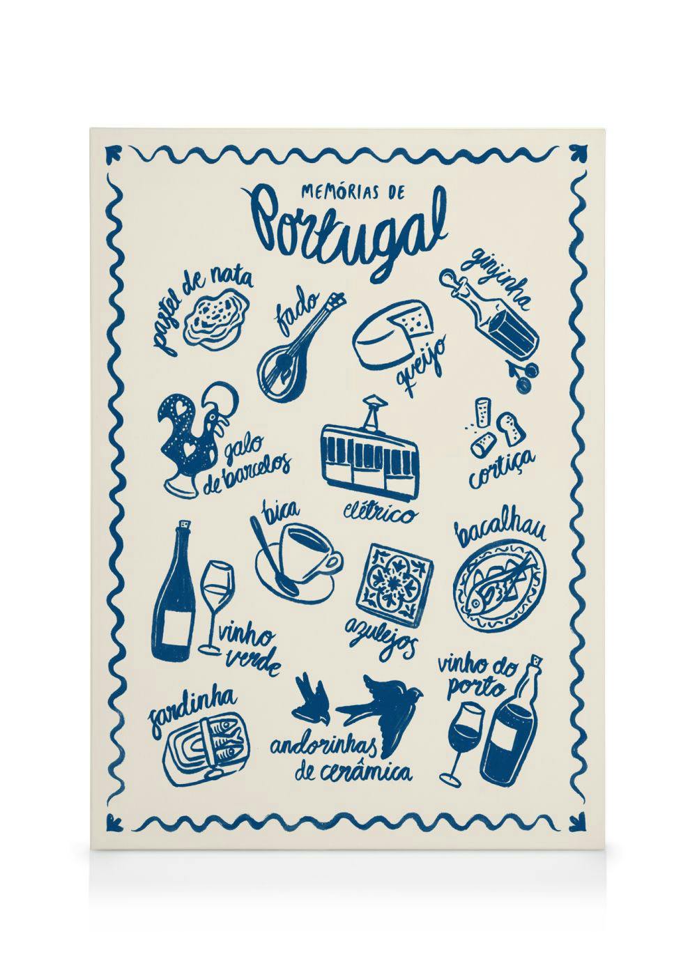 Een canvas met blauwe illustraties van Portugese cultuur: pastel de nata, fado, Port, sardientjes en azulejos.
