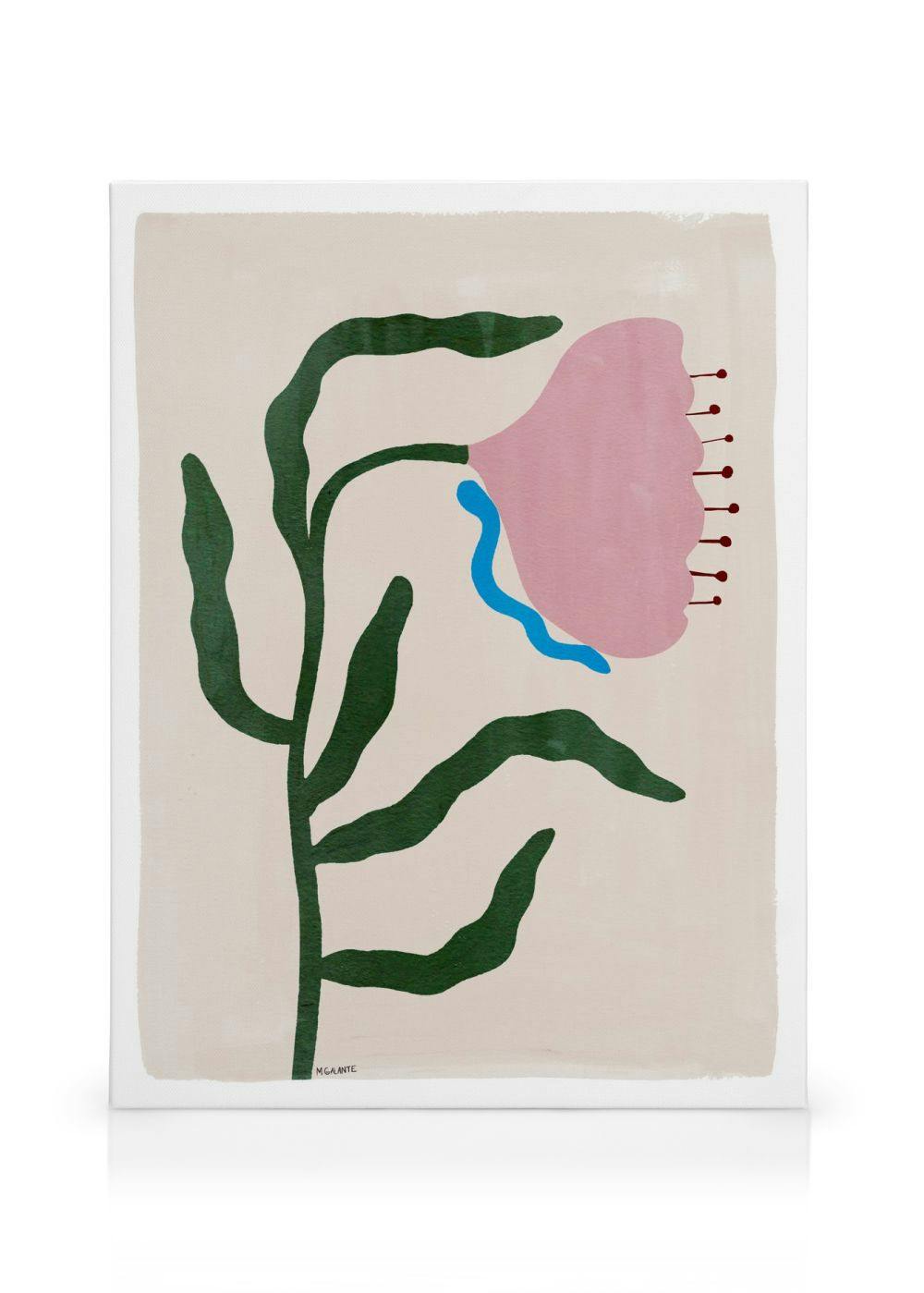 Lerret med stor rosa blomst, røde prikker, bølgende grønne blader og en blå detalj. Moderne floral kunst.