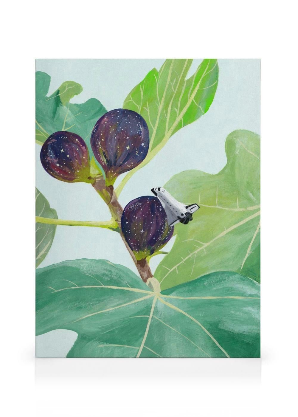 Toile de trois figues cosmiques violettes avec une navette spatiale et des feuilles vertes, sur fond clair.