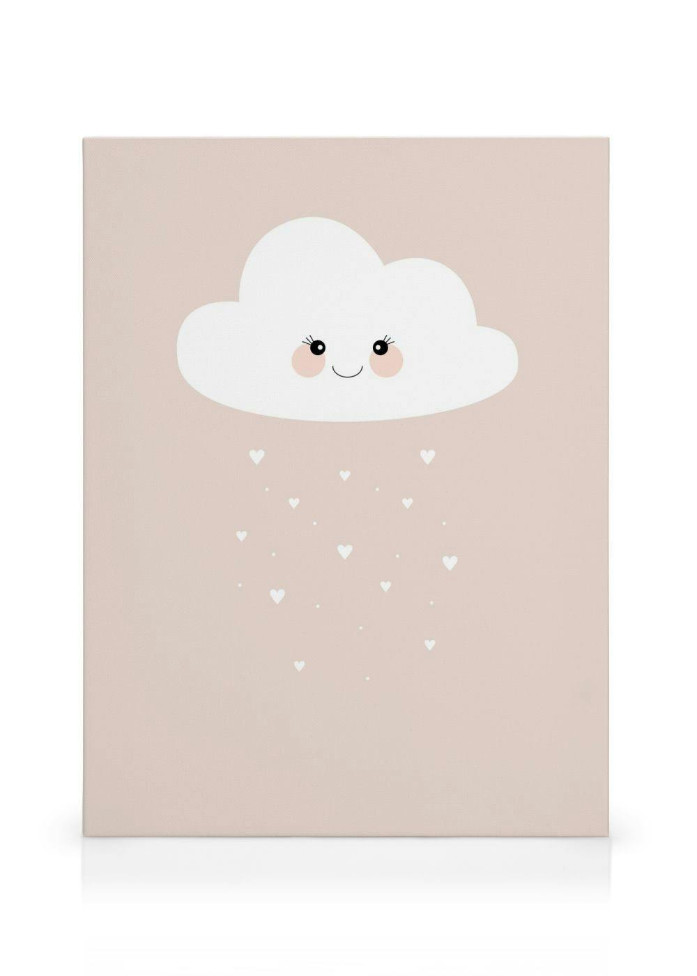 Lerret med en smilende hvit sky med rosa kinn, som regner små hvite hjerter på en lys beige bakgrunn.