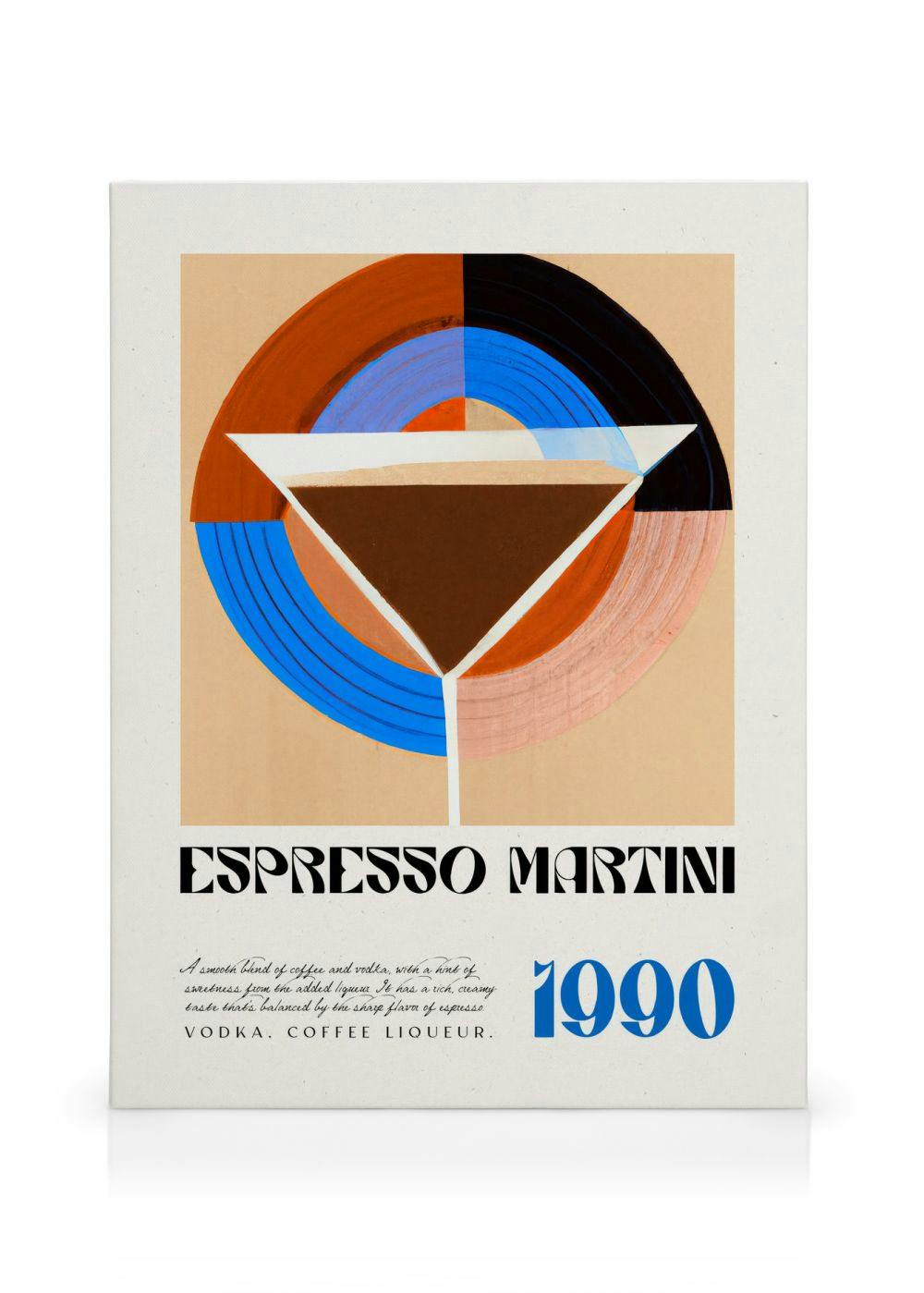 Espresso Martini cocktail recipe canvas print, abstract glass illustration in brown, black, blue, and peach on white.