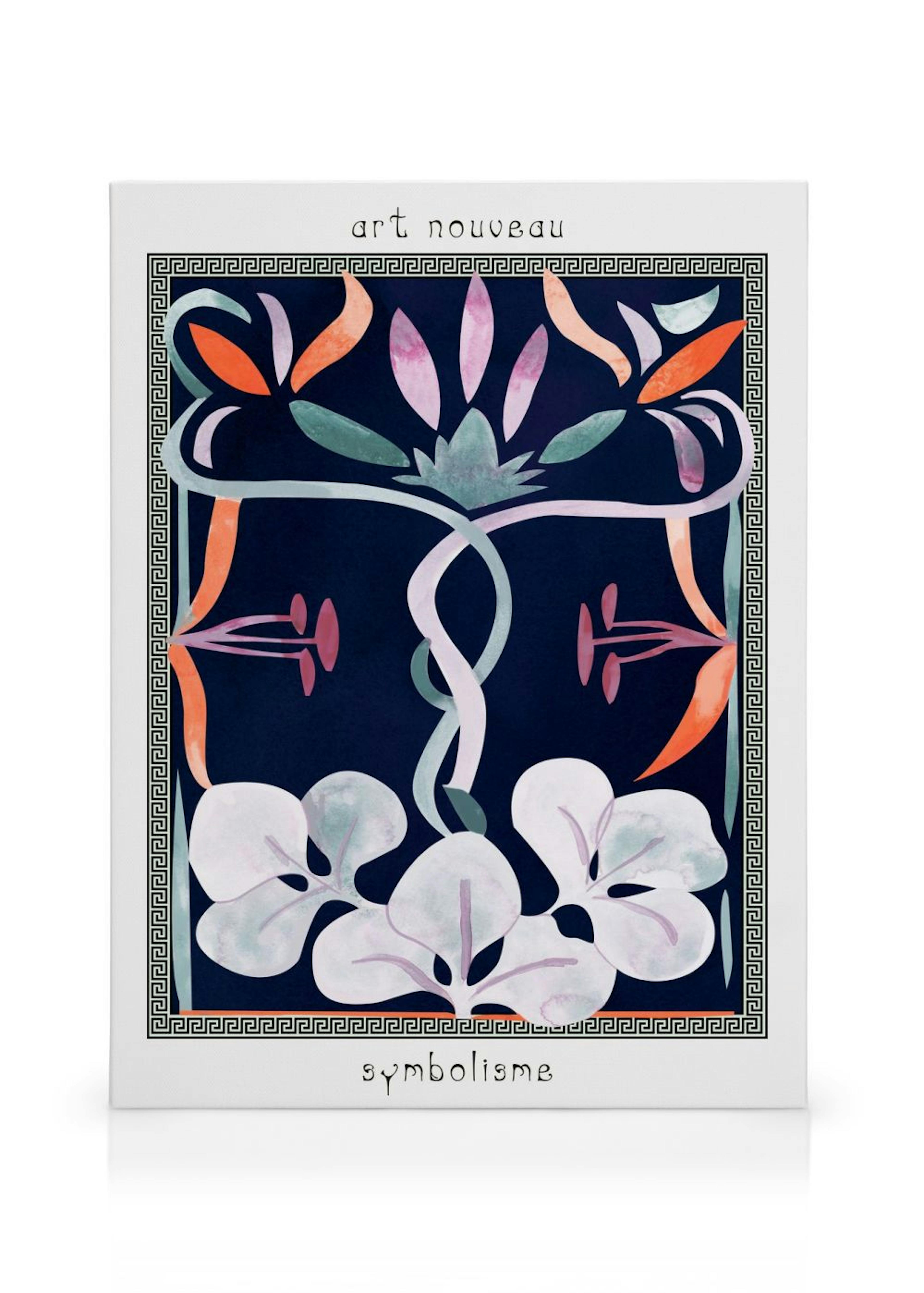 Art Nouveau print with floral and ornate patterns in dark blue, peach, and green, hanging in a light-filled living room.