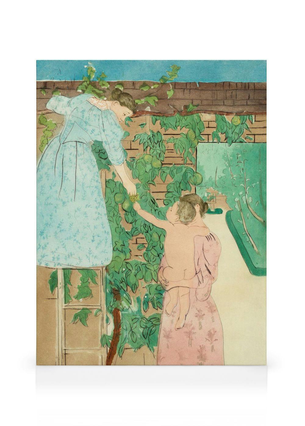 Mary Cassatt - Kvinne i blå kjole plukker frukt, kvinne i rosa kjole holder et barn i en hage.
