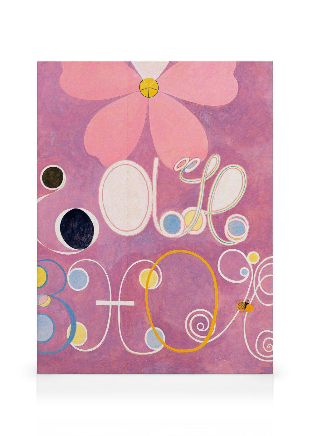 Hilma af Klints The Ten Largest No. 5 - Adulthood, large pink flower, lines, and circles on a reddish-purple background.