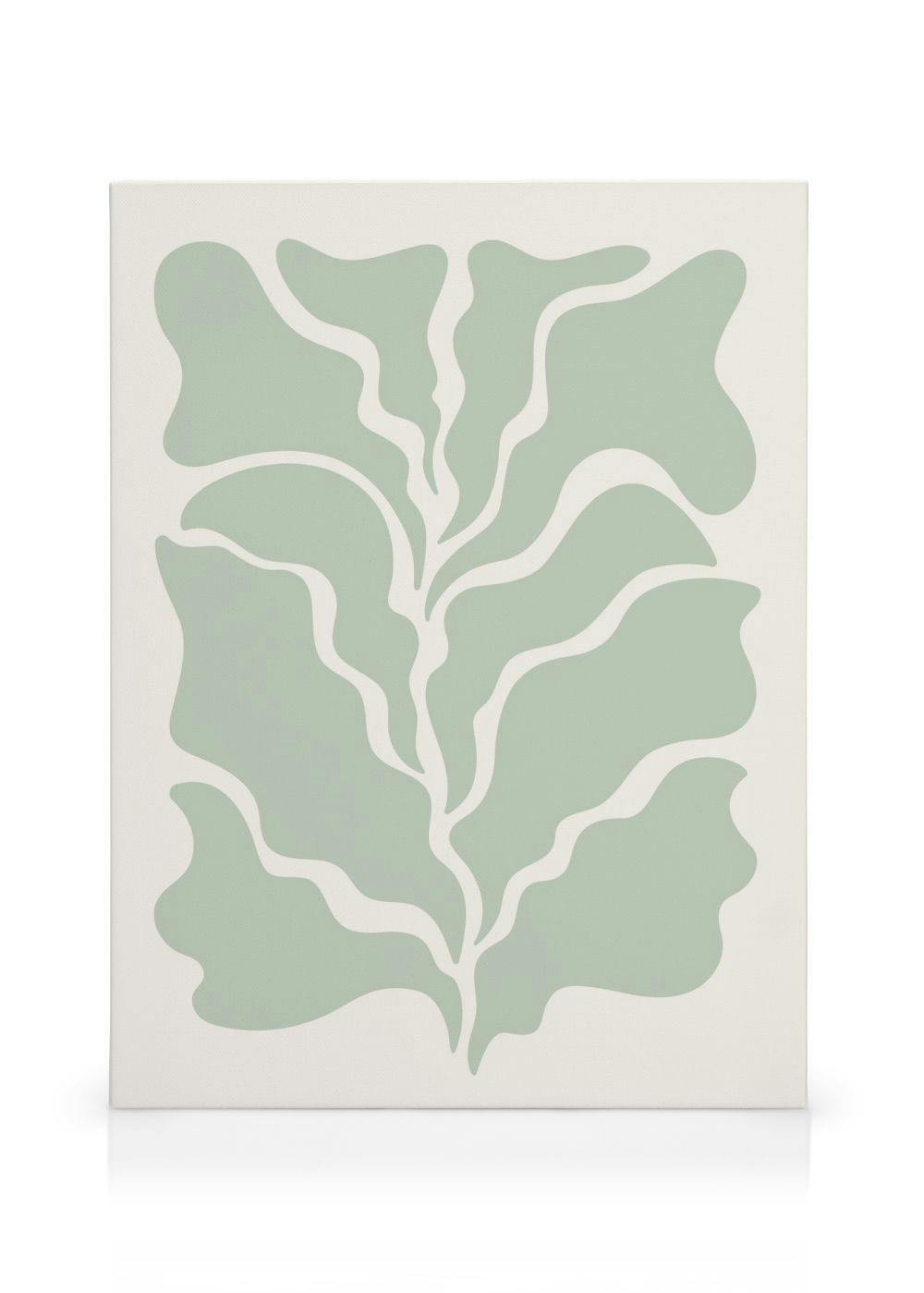 Lerretsbilde med lysegrønne, bølgende bladformer på en hvit bakgrunn. Organisk design med myke linjer.