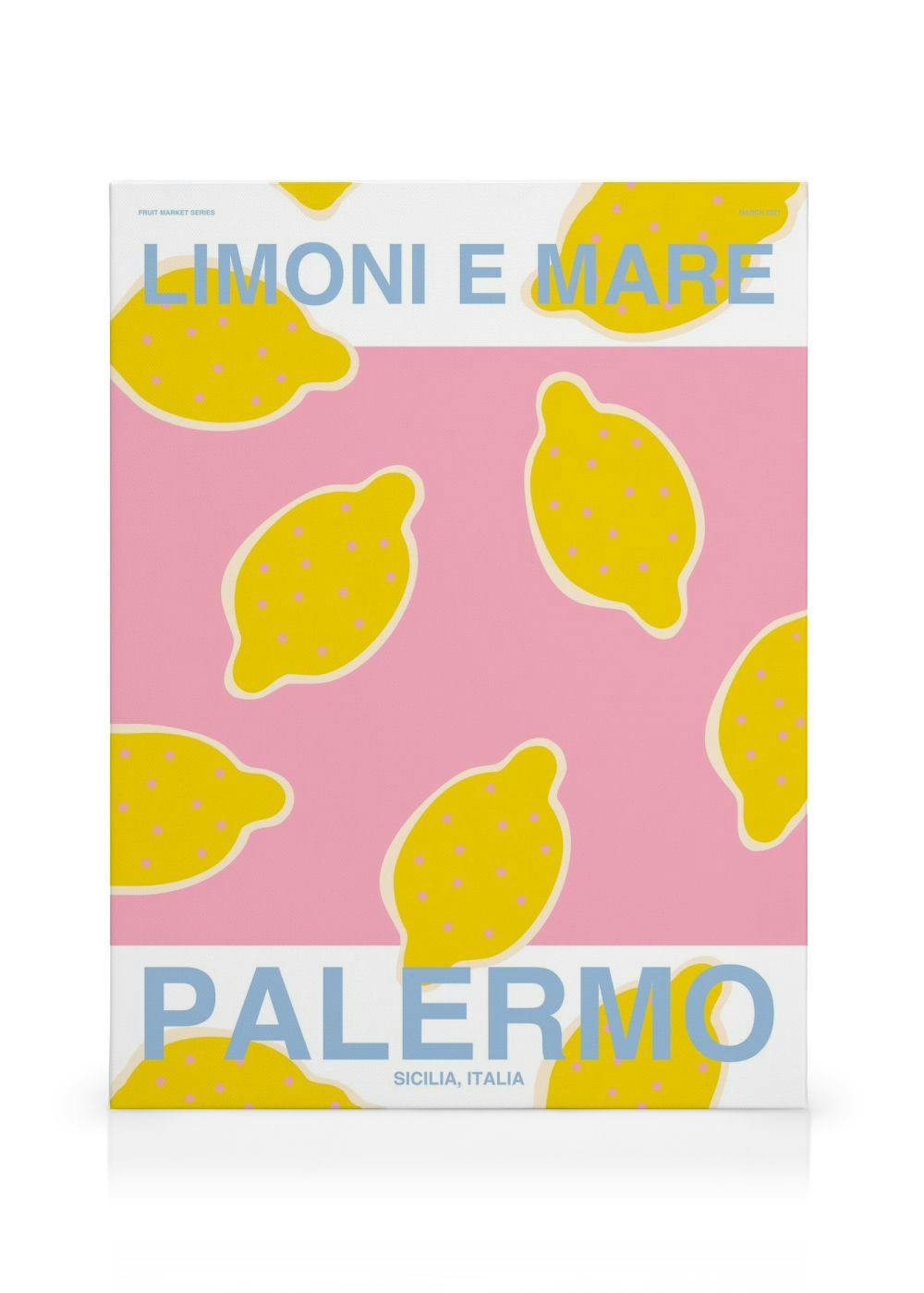 Toile Palermo avec des citrons jaunes sur fond rose et violet, texte Limoni e Mare et Sicile Italia