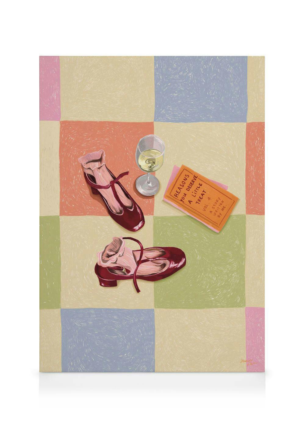 Lærred med illustreret vin, bog og sko på et farverigt ternet gulv i pastelfarver.