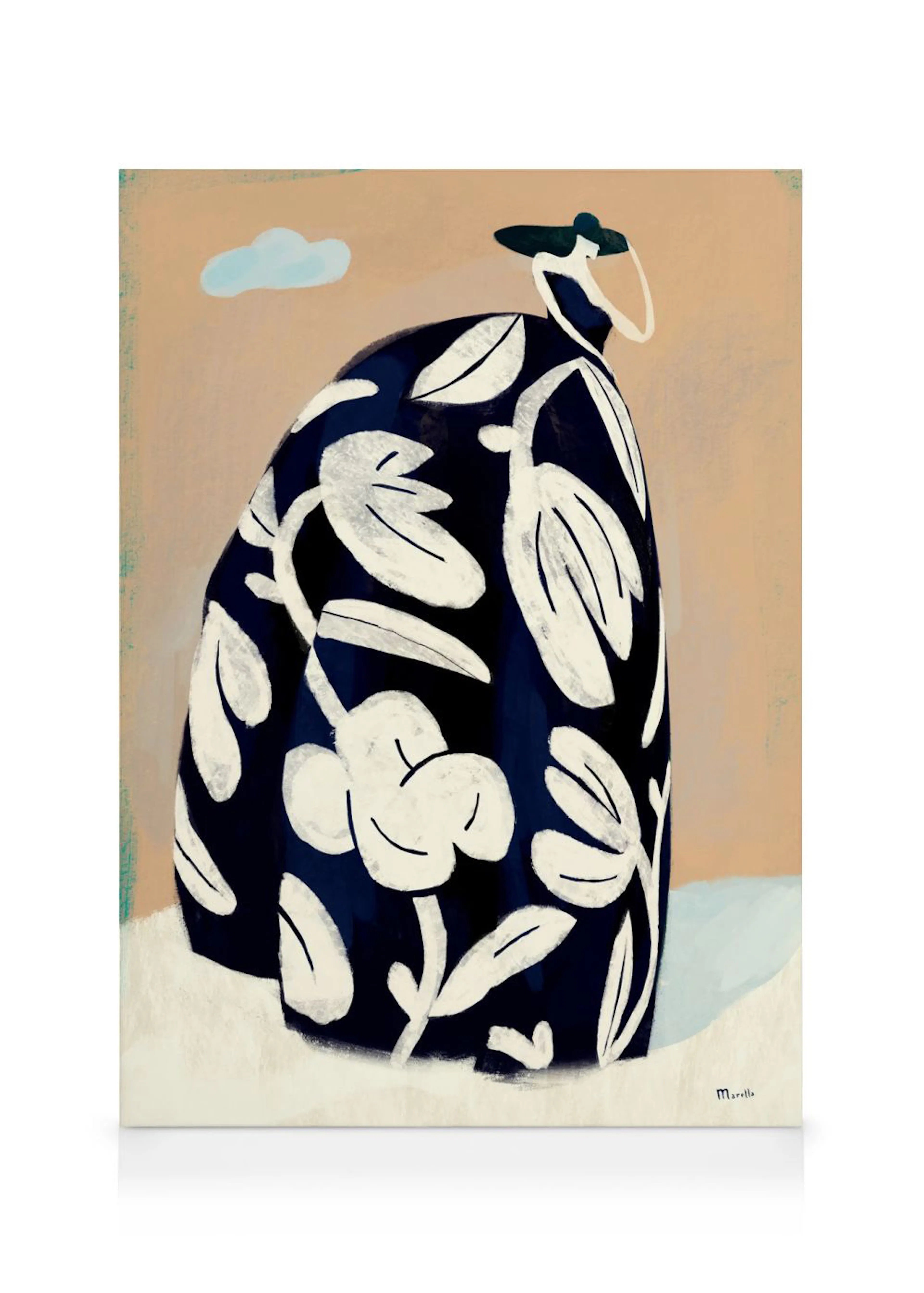 Marco Marella illustration of a woman in a black dress with white floral patterns, minimalist art.