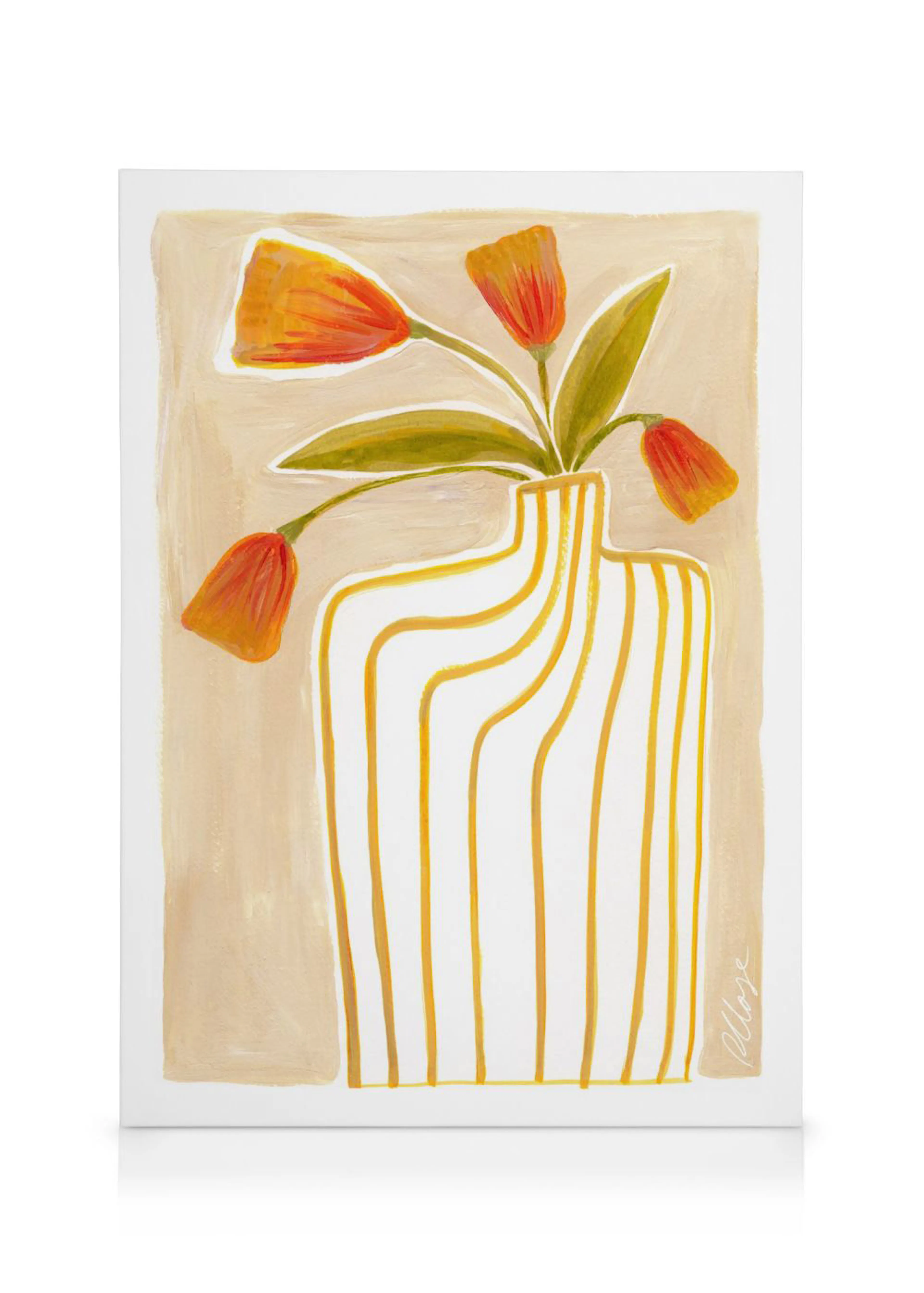 Rosanna Corfe lærred med levende, orange tulipaner i en hvid vase med gule striber, malet med akrylmaling.