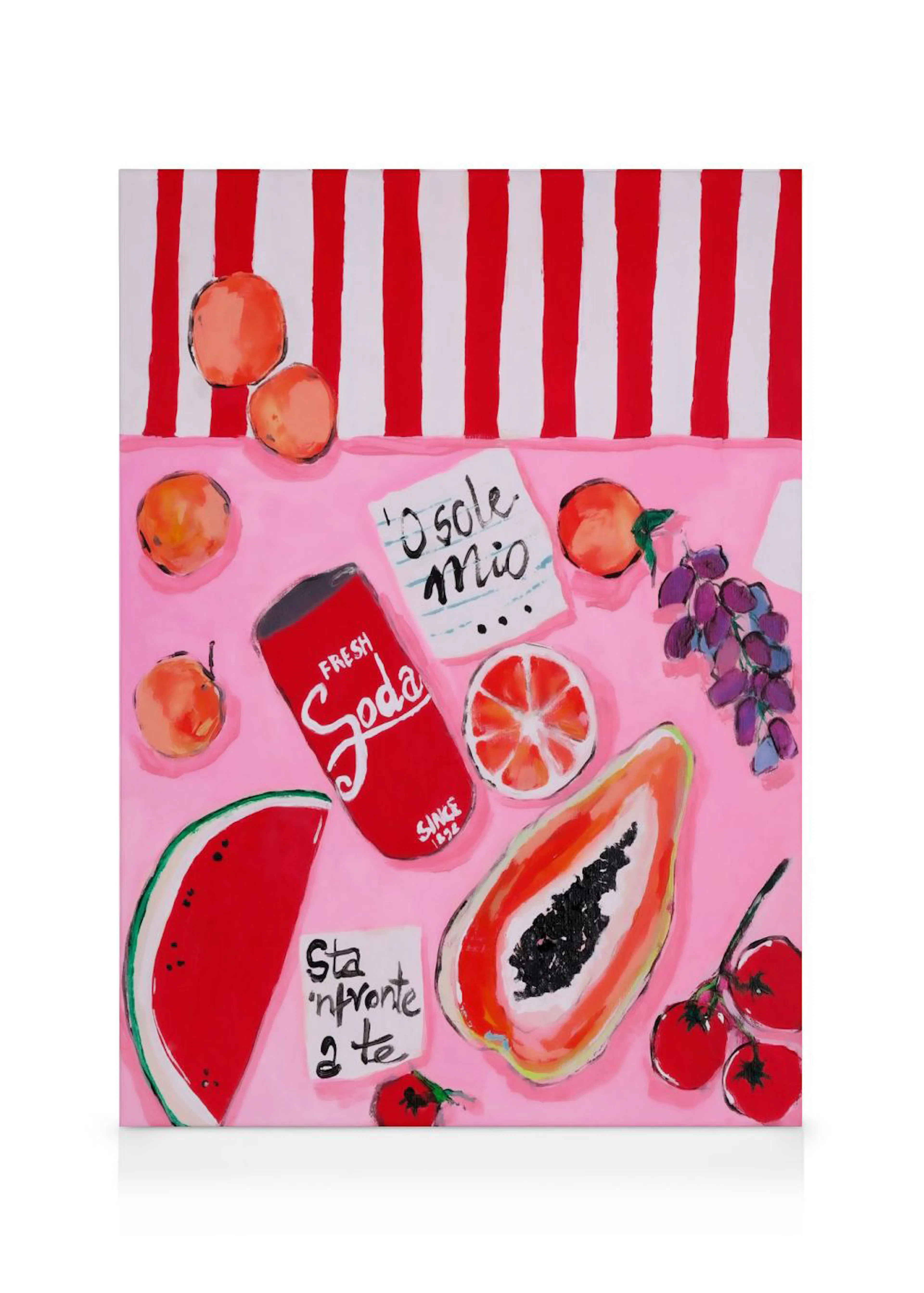 Farverigt pop art maleri af sommerfrugter, sodavand og striber på lyserød baggrund. Karolina Mila lærred.