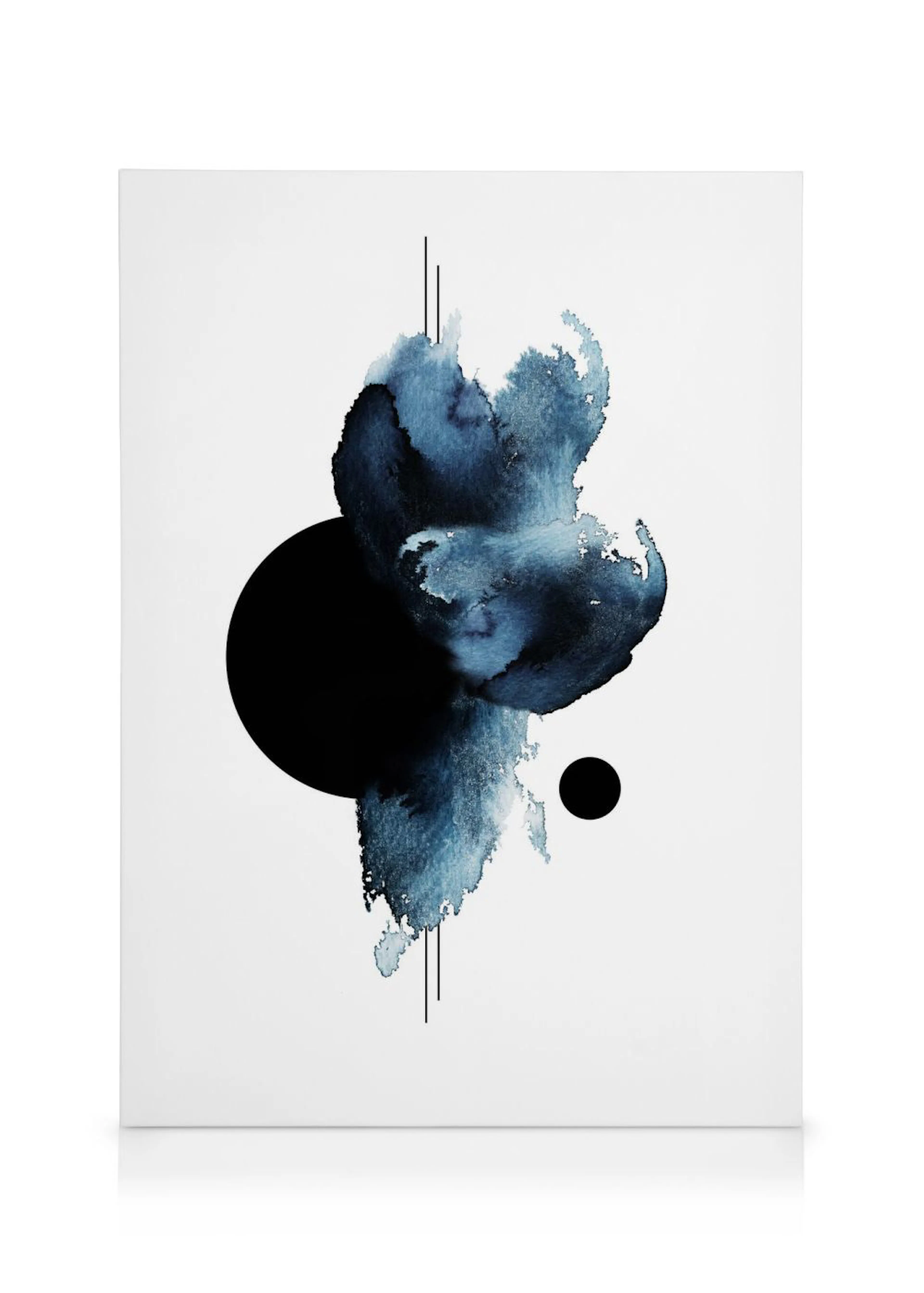 Toile abstraite avec tache dencre bleue, cercles et lignes noires sur fond blanc, style minimaliste