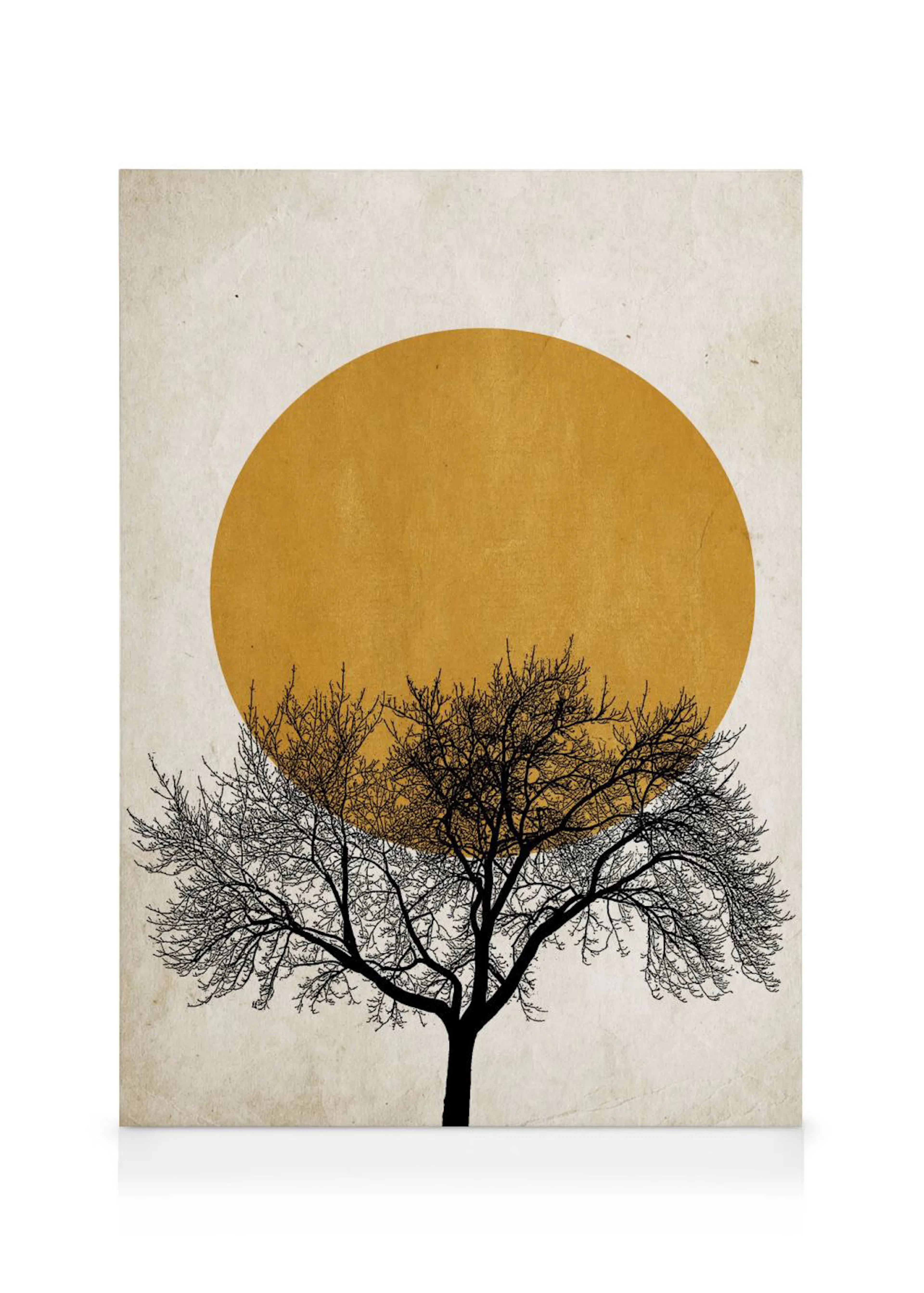 Toile avec arbre noir et or, grand cercle doré sur fond beige, typographie moderne
