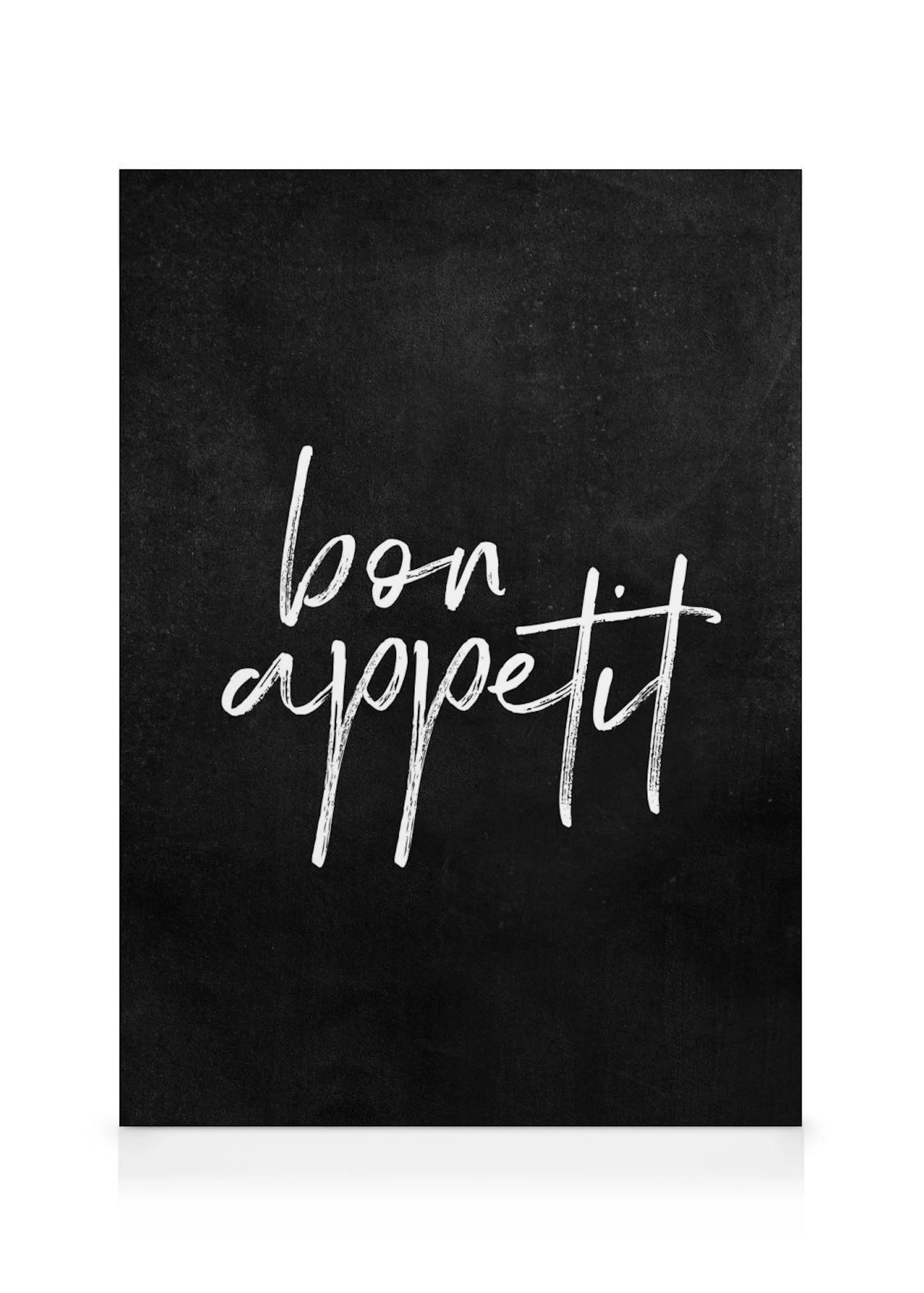 Bon Appetit black canvas print with white cursive text on a textured surface, elegant kitchen decor.
