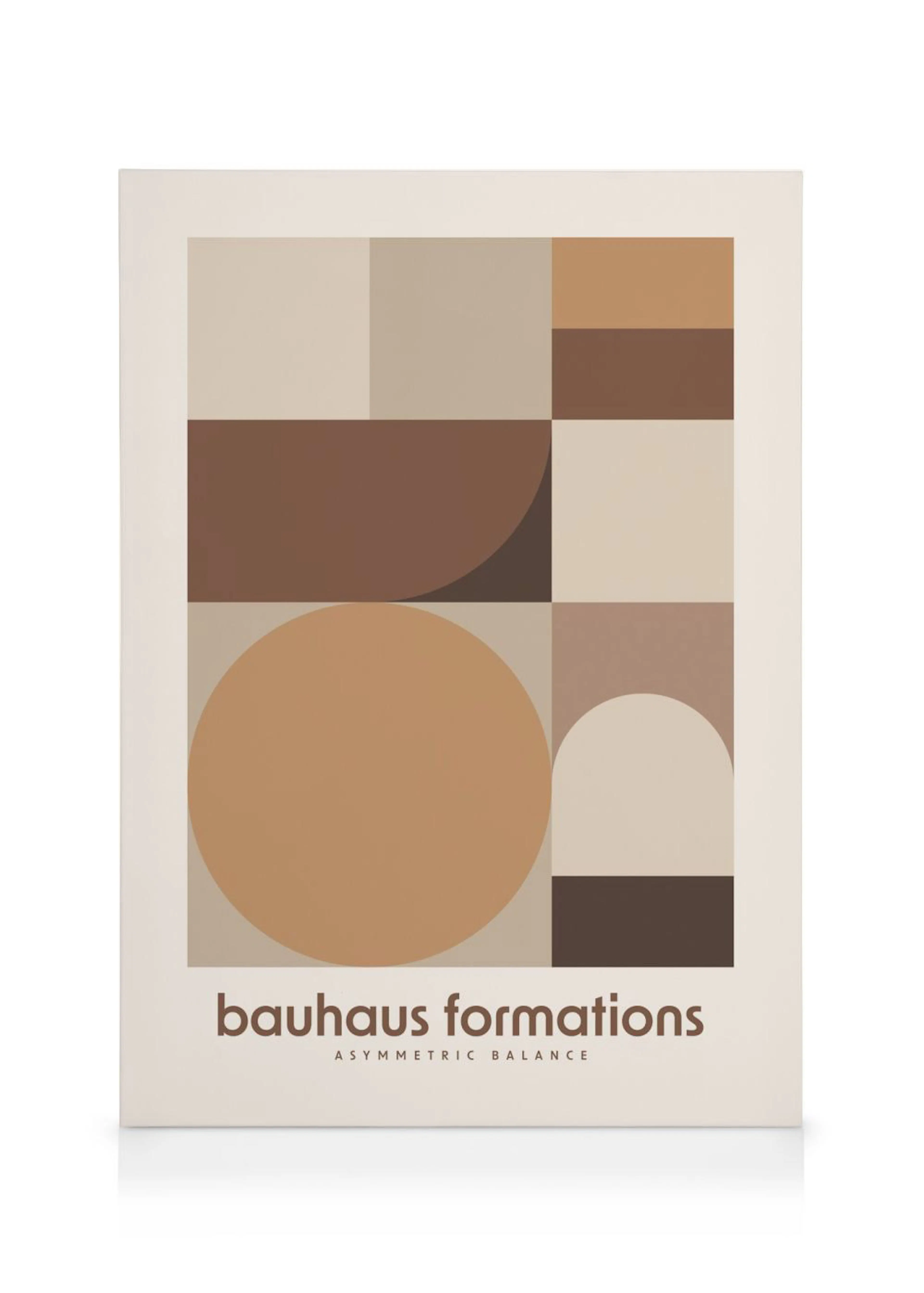 Bauhaus-inspired geometric canvas print with brown, beige, and tan shapes, including a large circle and rectangles.